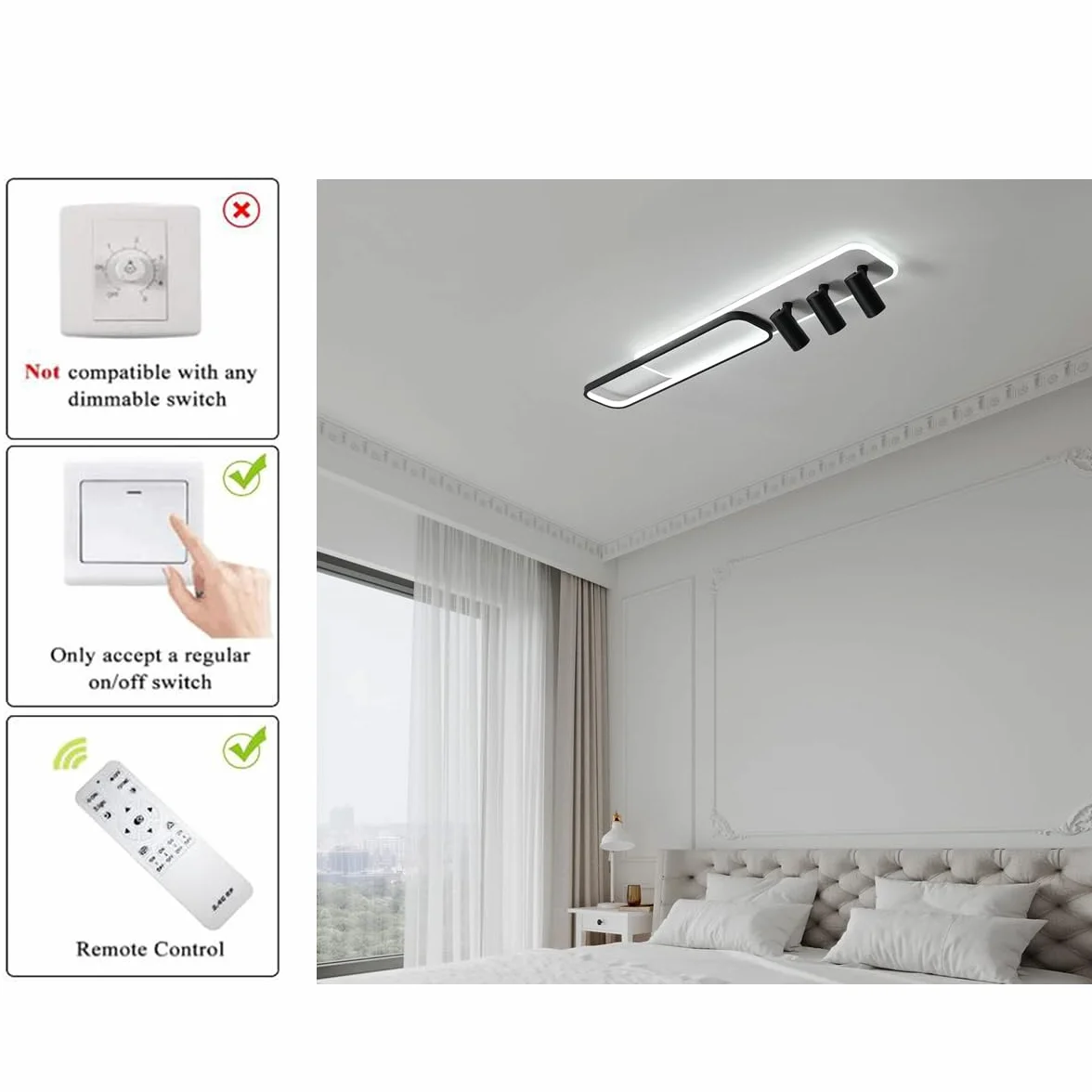 Oninio Nowoczesna lampa sufitowa, 3-punktowa szyna świetlna Czarny akryl z białą geometryczną lampą sufitową Możliwość przyciemniania Pilot Salon Sypialnia Kuchnia Jadalnia