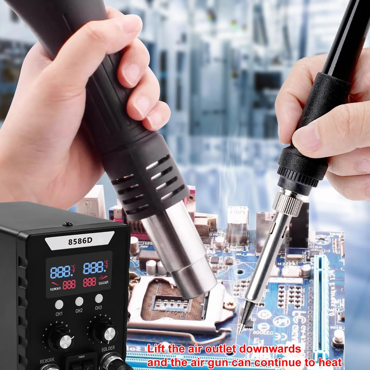Stacja lutownicza na gorące powietrze 2 w 1, zestaw cyfrowej stacji lutowniczej LED 760 W, stacja lutownicza 8586D wyświetlacz cyfrowy pistolet na gorące powietrze do samodzielnego naprawy elektroniki