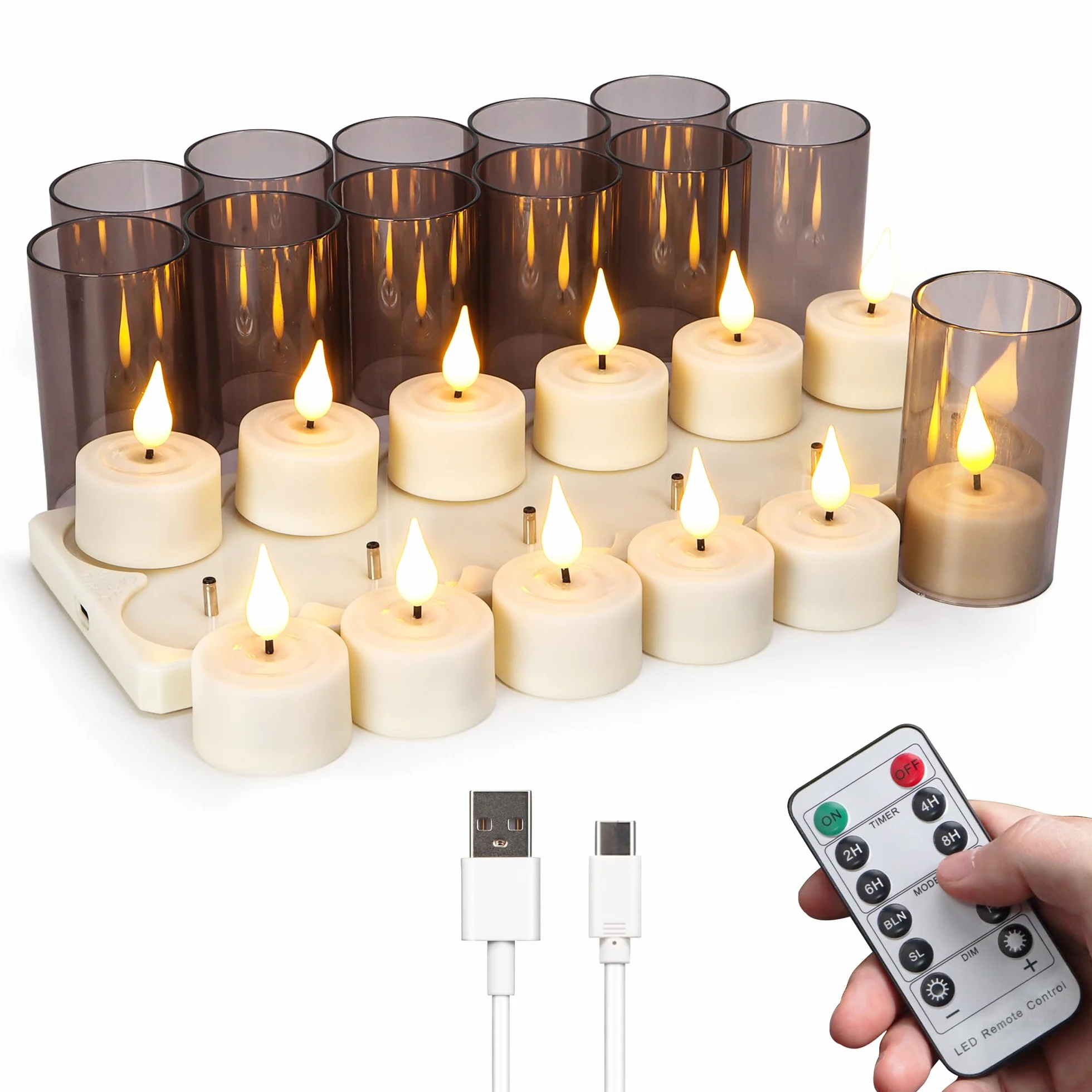 yunsheng Świece typu tealight wielokrotnego ładowania, z pilotem zdalnego sterowania, timerem i stacją ładującą, 12 szt., ładowane, zasilane bateryjnie, elektryczne świeczki LED, migoczące, do domu