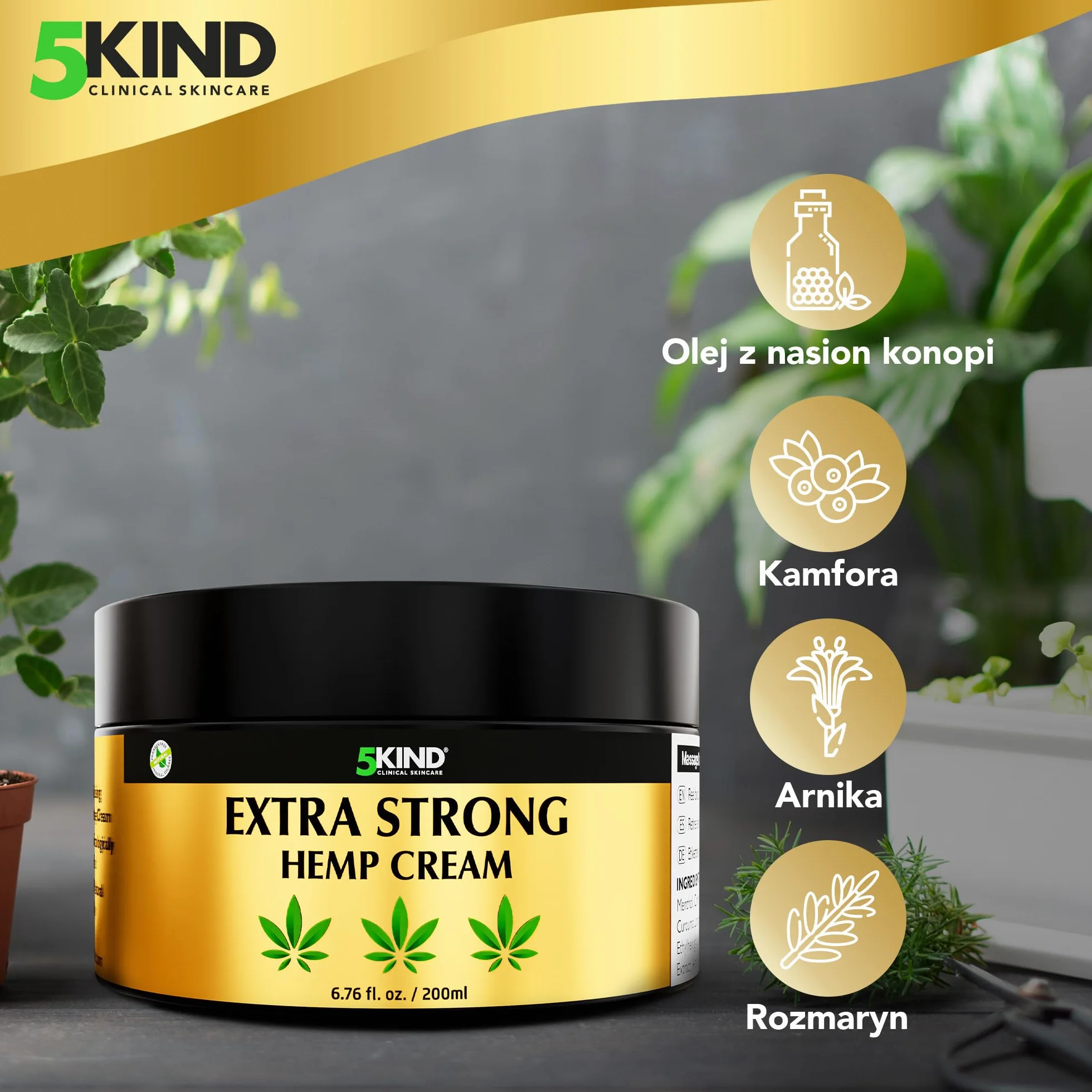 5kind Ekstra Mocny Krem Konopny 200ml - Silny Olej Konopny i Krem Arnikowy - do Masażu Stawów i Mięśni, Dolnej Części Pleców, Stóp, Kolan, Szyi i Ramion - Bogaty w Naturalne Składniki