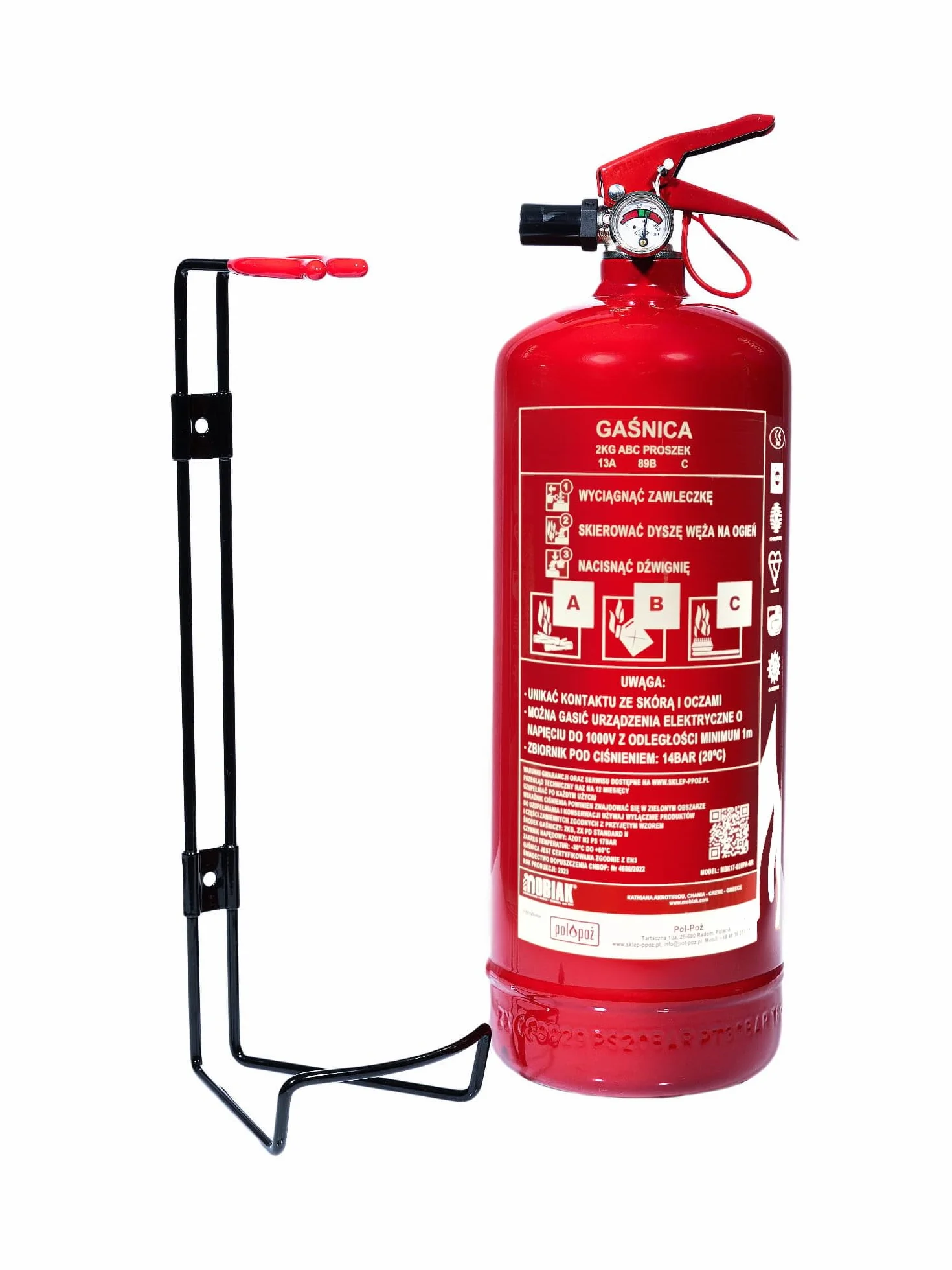 Gaśnica Proszkowa 2 kg ABC + wieszak – Trwałość do 20 Lat | Wysoka Skuteczność (13A 89B C) | Idealna do Samochodów, Firm i Obiektów Użyteczności Publicznej