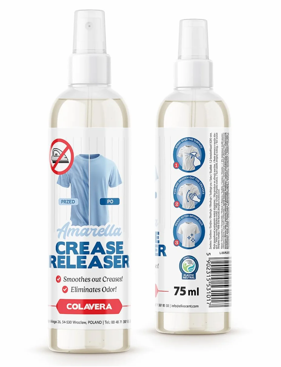 AMARELLA żelazko w sprayu zapach Crease Releaser Colavera 75 ml w podróży prasowanie bez żelazka