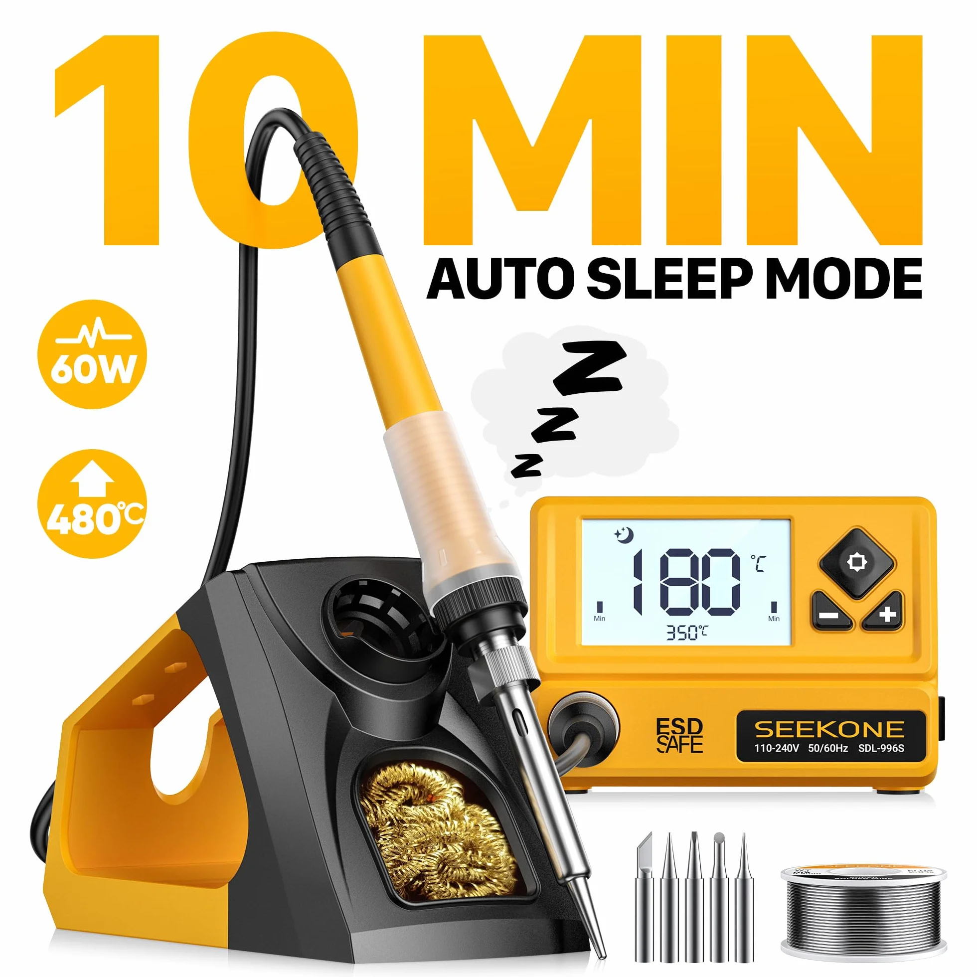SEEKONE Stacja lutownicza 60 W, profesjonalna lutownica, regulowana temperatura 200℃-480℃ z wyświetlaczem LCD, cyfrowa stacja lutownicza z 5 grotami lutowniczymi, konwersja °C/°F, funkcja czuwania