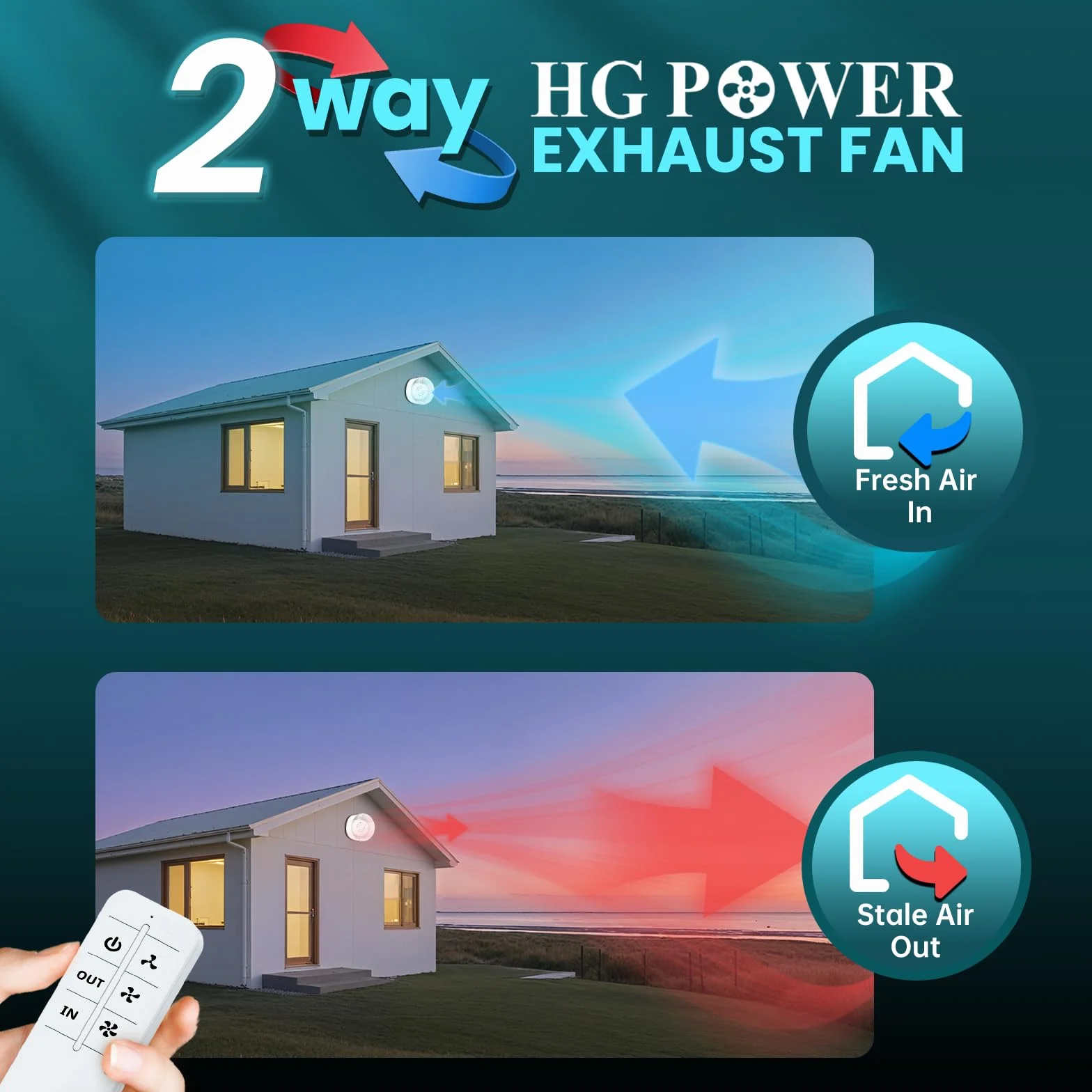 HG Power Wentylator wyciągowy 100mm, 2 kierunki, wentylator łazienkowy z pilotem zdalnego sterowania, 3 prędkości, cichy wentylator z funkcją pamięci do łazienki, kuchni, WC, garażu, piwnicy
