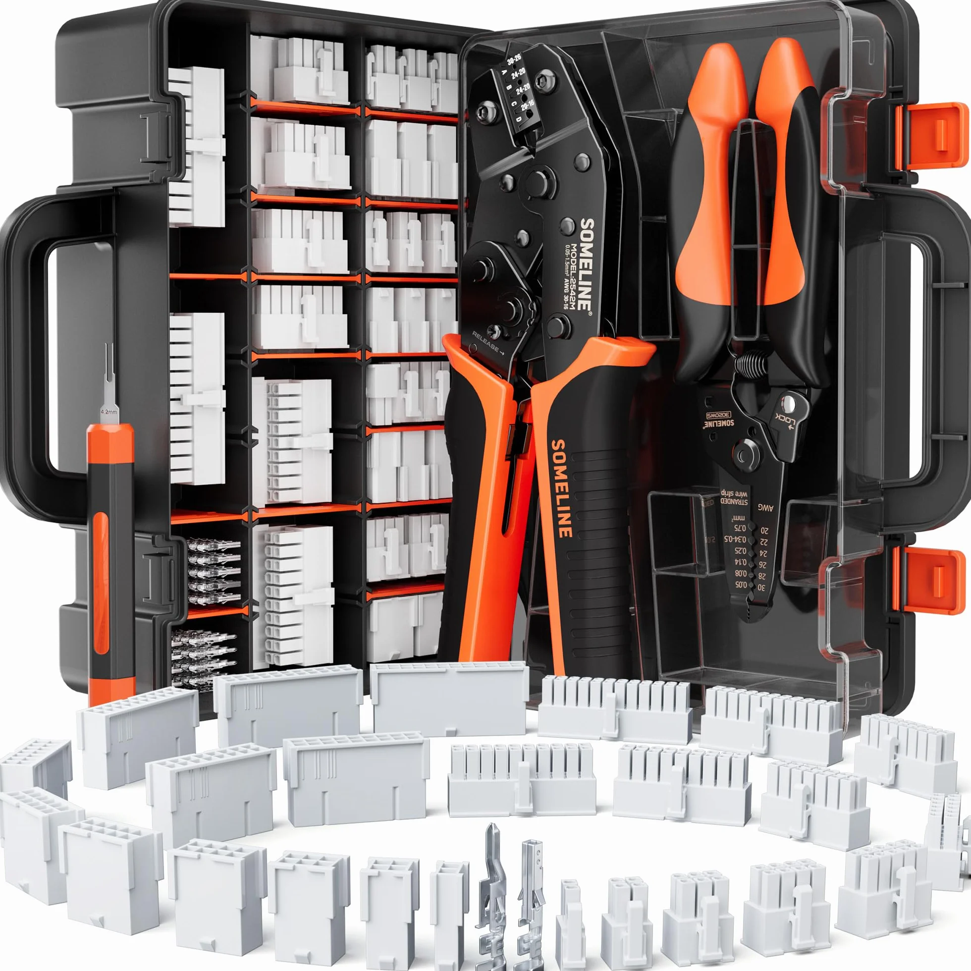 SOMELINE Zaciskarka Mini-Fit Jr Zestaw Złączy, 2-24 Pin 4,2mm (0,25-1,5mm²/24-16 AWG), z Wyjmakiem i Ściągaczem Izolacji, do PC i Drukarek 3D - do Molex, Dupont, KF2510, TE