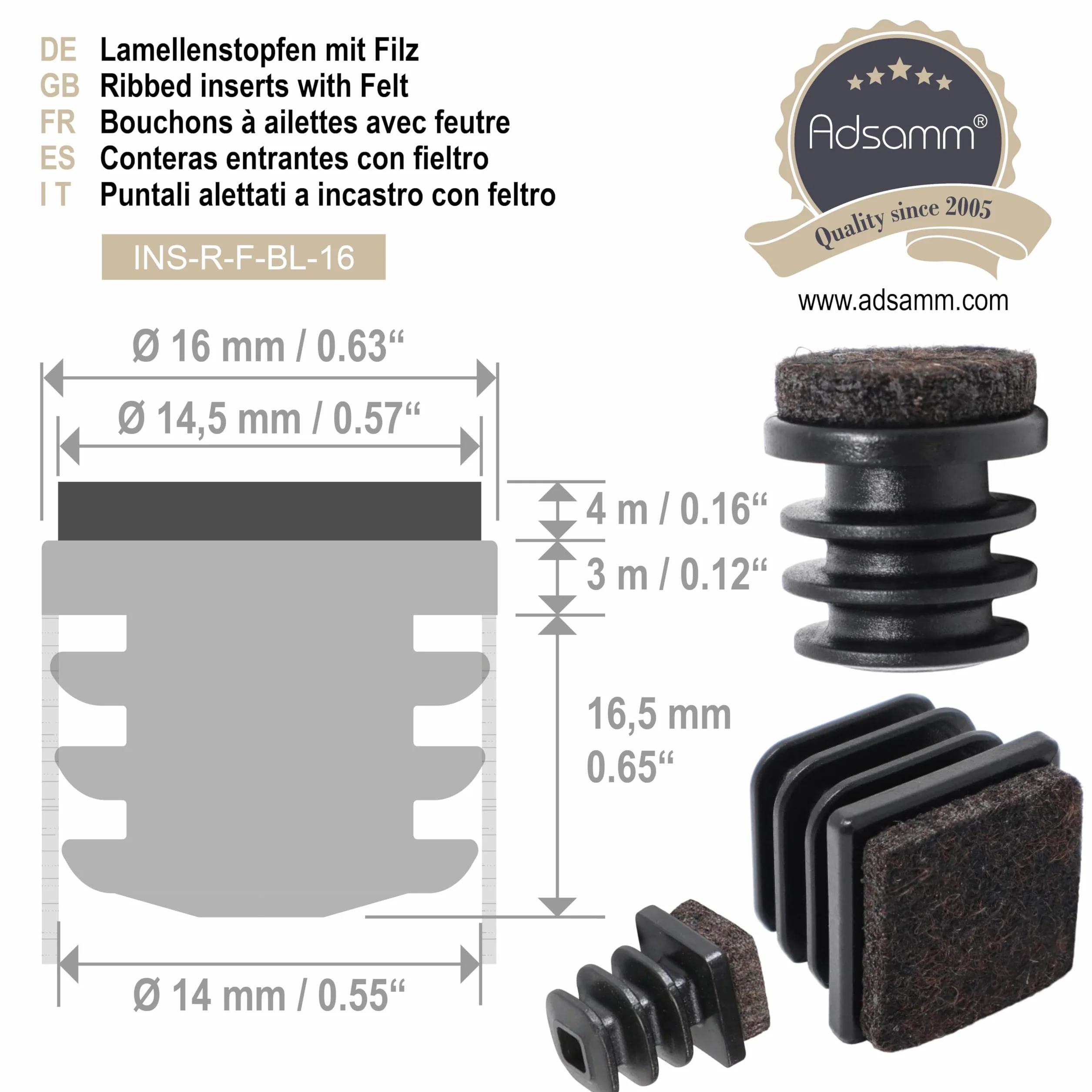 Adsamm® / 32 x zatyczki do lameli z filcu/czarne/Ø 12-14 mm/okrągłe/filcowe ślizgacze meblowe do krzeseł stalowych w jakości premium