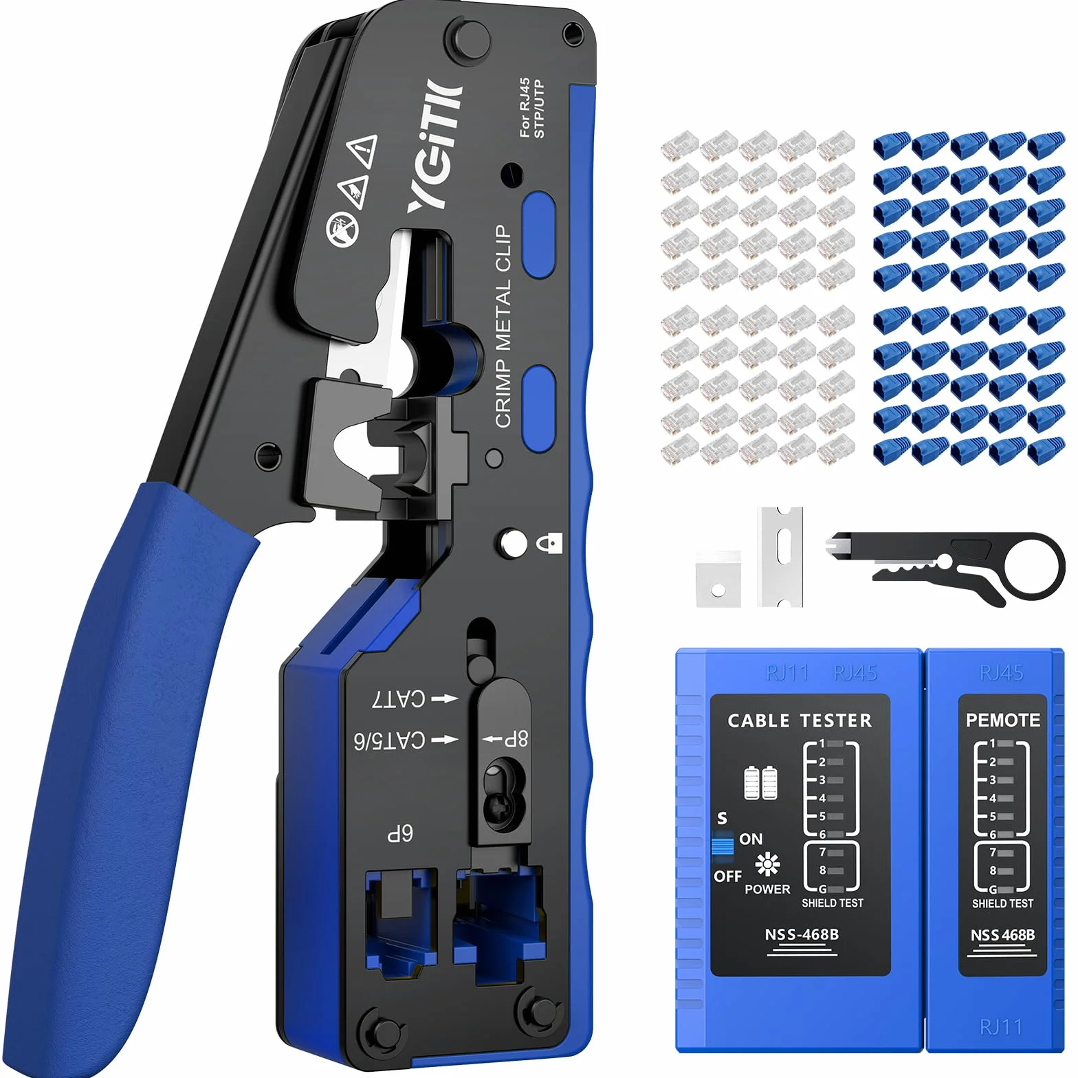 Zestaw narzędzi do zaciskania RJ45, zaciskarka 3 w 1, striptizerka, tester kabli do CAT5, Cat5e, CAT6, Cat6A 8P+6P, narzędzie do zaciskania przelotowego Ethernet z 50 szt. złączami RJ45 Cat6 i