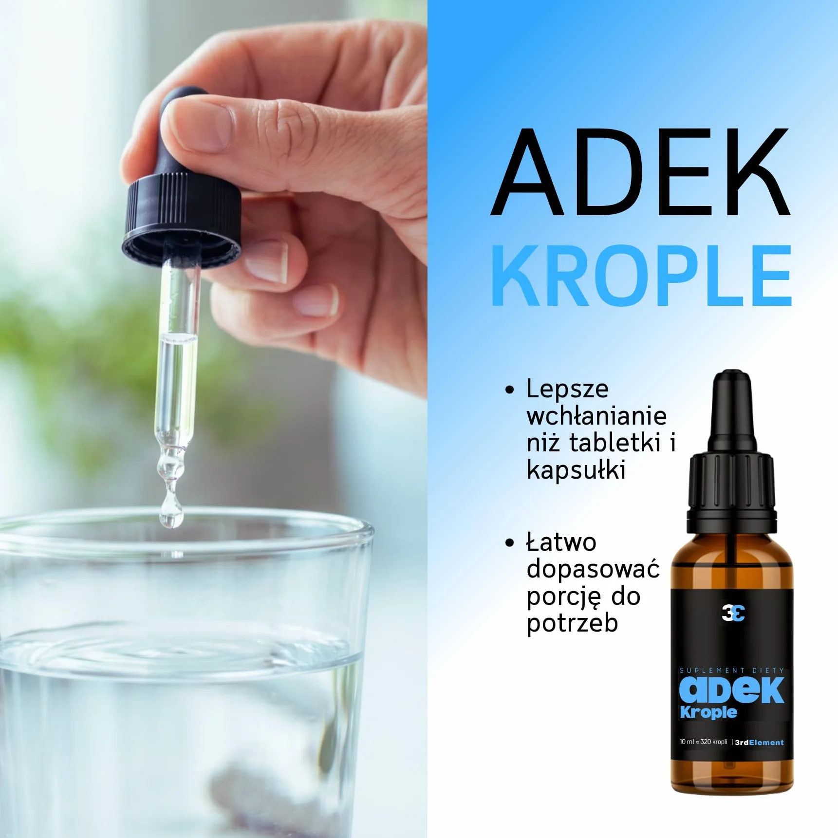 Witaminy ADEK w kroplach 10 ml Wegańska formuła Wspiera odporność wzrok skórę kości 3rd Element Nutrition