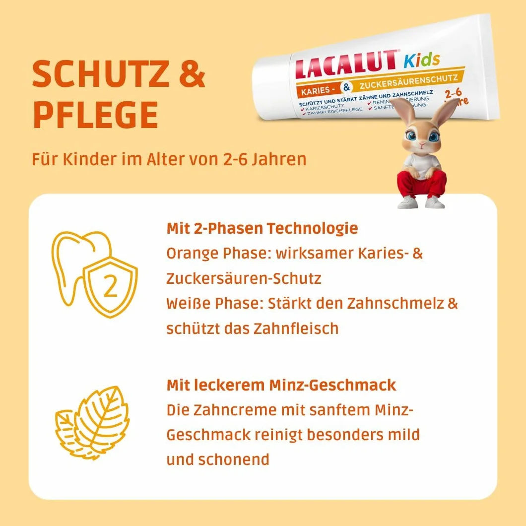 Lacalut Kids 2-6 lat 55 ml – pasta do zębów dla dzieci z wysoce skuteczną ochroną przed próchnicą i kwasem cukrowym – pasta do zębów z technologią 2-fazową i witaminą A+E