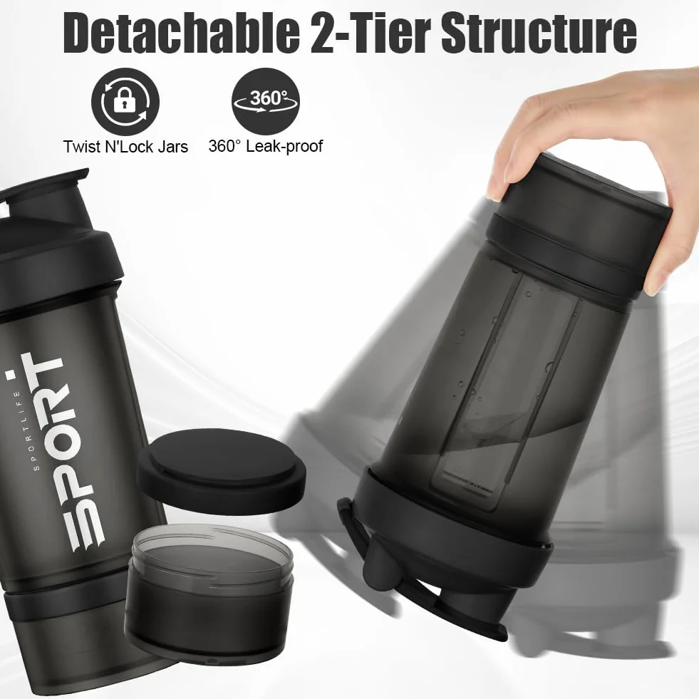 Butelka do wytrząsania proteinowego, 2 szt. Shaker Protein Shaker z Mix Ball Pill Organizer i przechowywanie, sportowa butelka na wodę dla sportowców, entuzjastów fitnessu, na siłownię i na