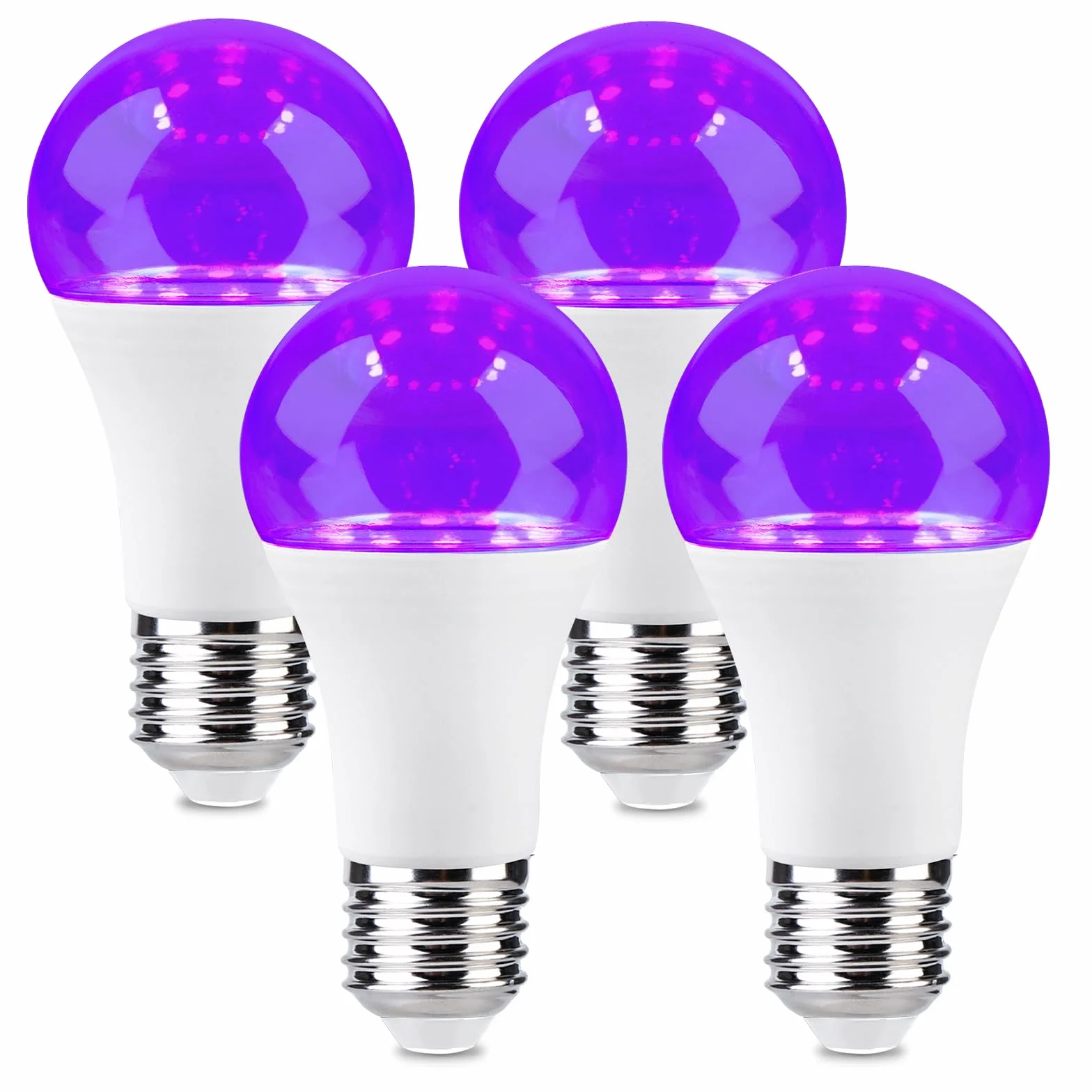 BORDEAG Żarówka UV LED, zestaw 4 żarówek E27 o mocy 9 W, lampa ultrafioletowa LED, fioletowa lampa ultrafioletowa UV-A, czarna żarówka UV, na festiwale, imprezy, bary