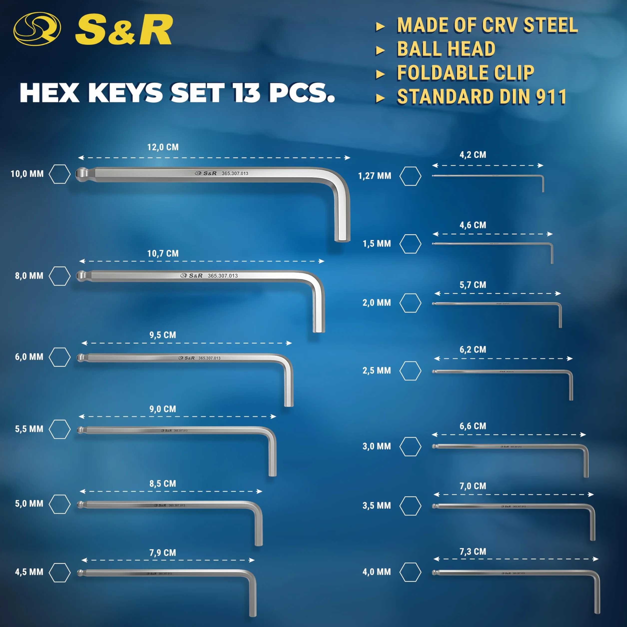 S&R 13-częściowy zestaw kluczy imbusowych HX, z głowicą kulową, sześciokątny długi, 1,27 do 10 mm, hartowana stal Cr-V, ochrona przed korozją, z klipsem z tworzywa sztucznego