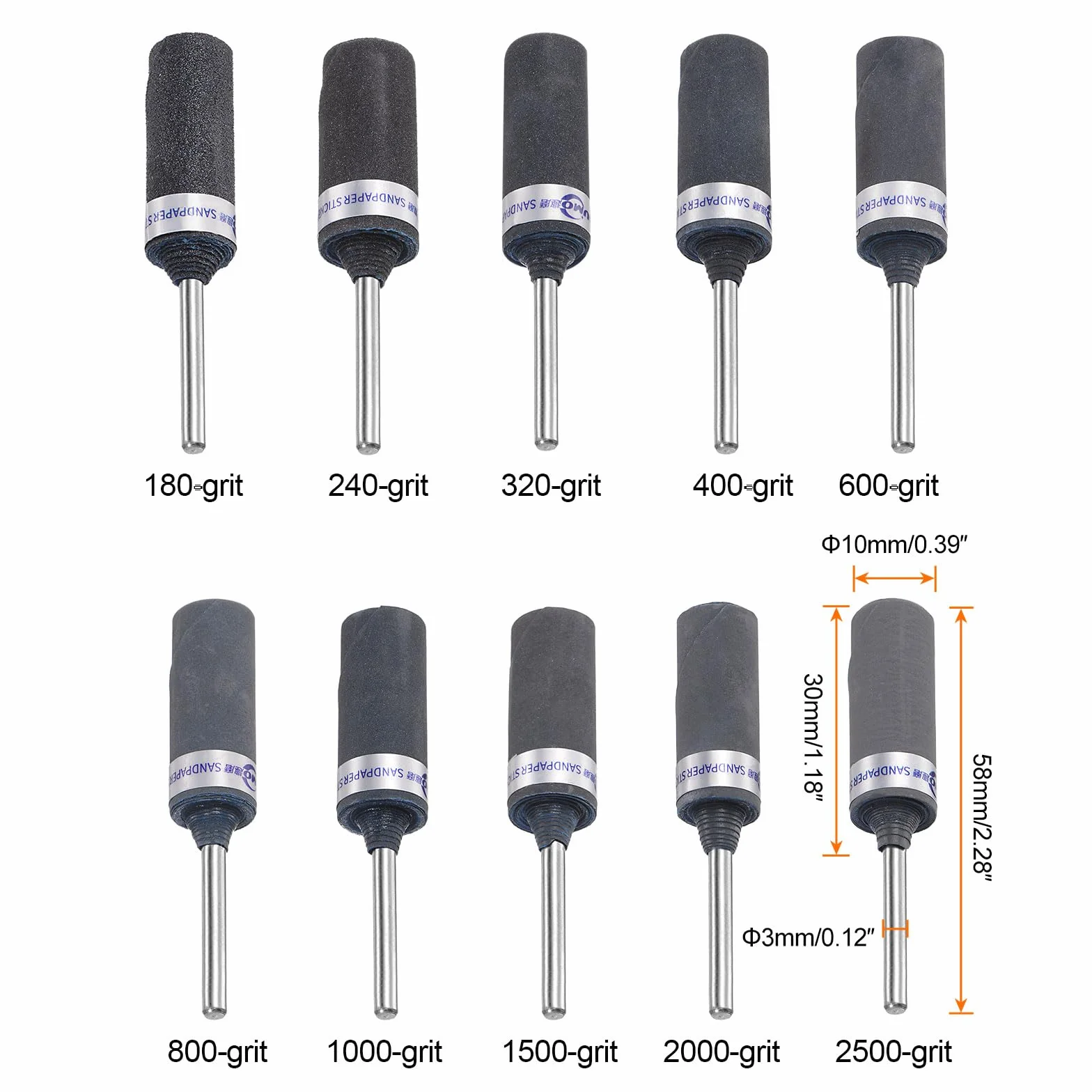 QUARKZMAN 10-częściowy zestaw rolek papieru ściernego, ziarnistość 180-2500, trzpień 3 mm, bębny szlifierskie, tulejki, cylinder, głowica szlifierska do obróbki drewna, szkła, metalu, polerowania