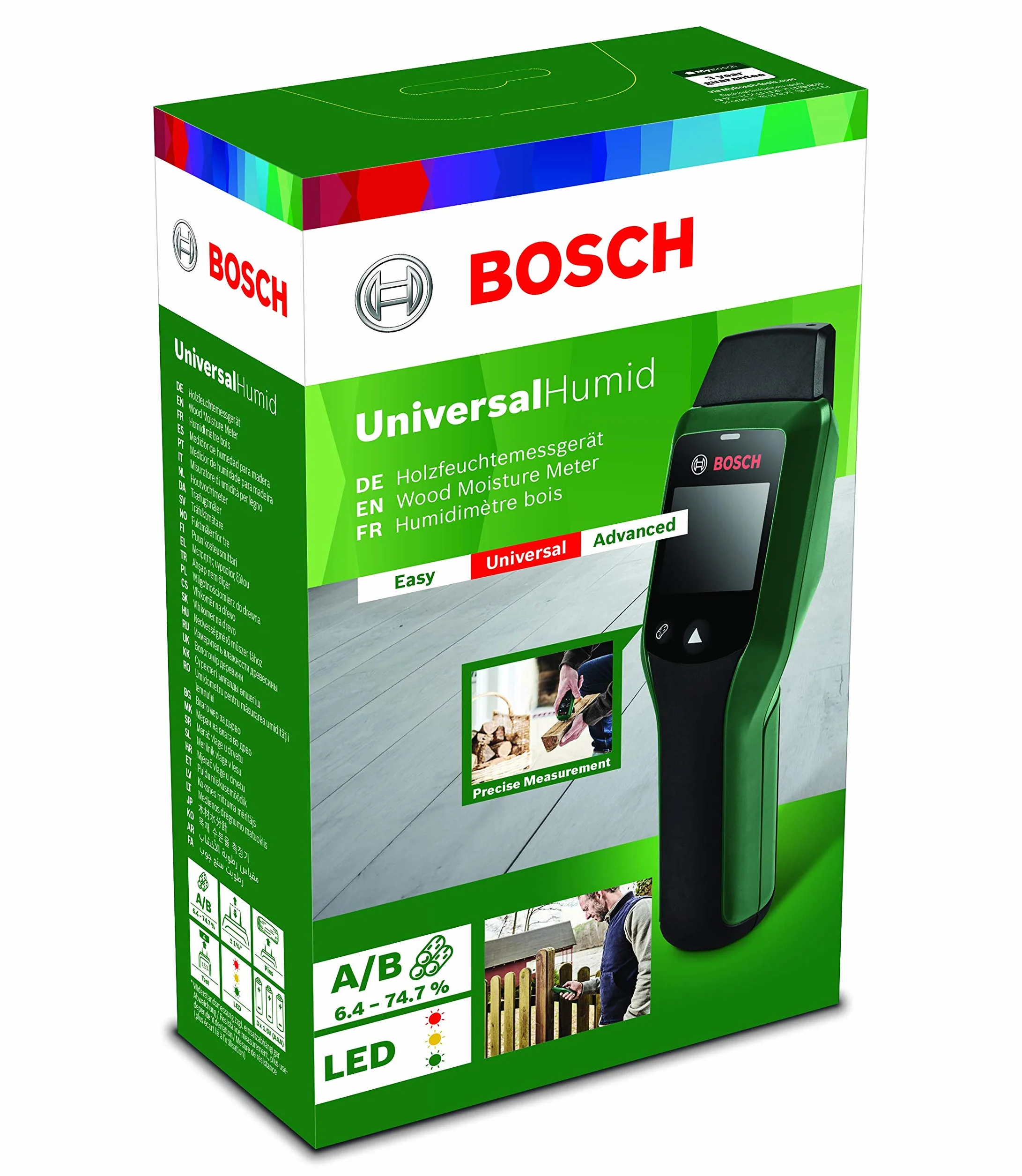 Bosch Wilgotnościomierz UniversalHumid (precyzyjny rezultat pracy dzięki wstępnemu wyborowi grupy drewna i trójkolorowej diodzie LED zapewniającej łatwą interpretację wyników)