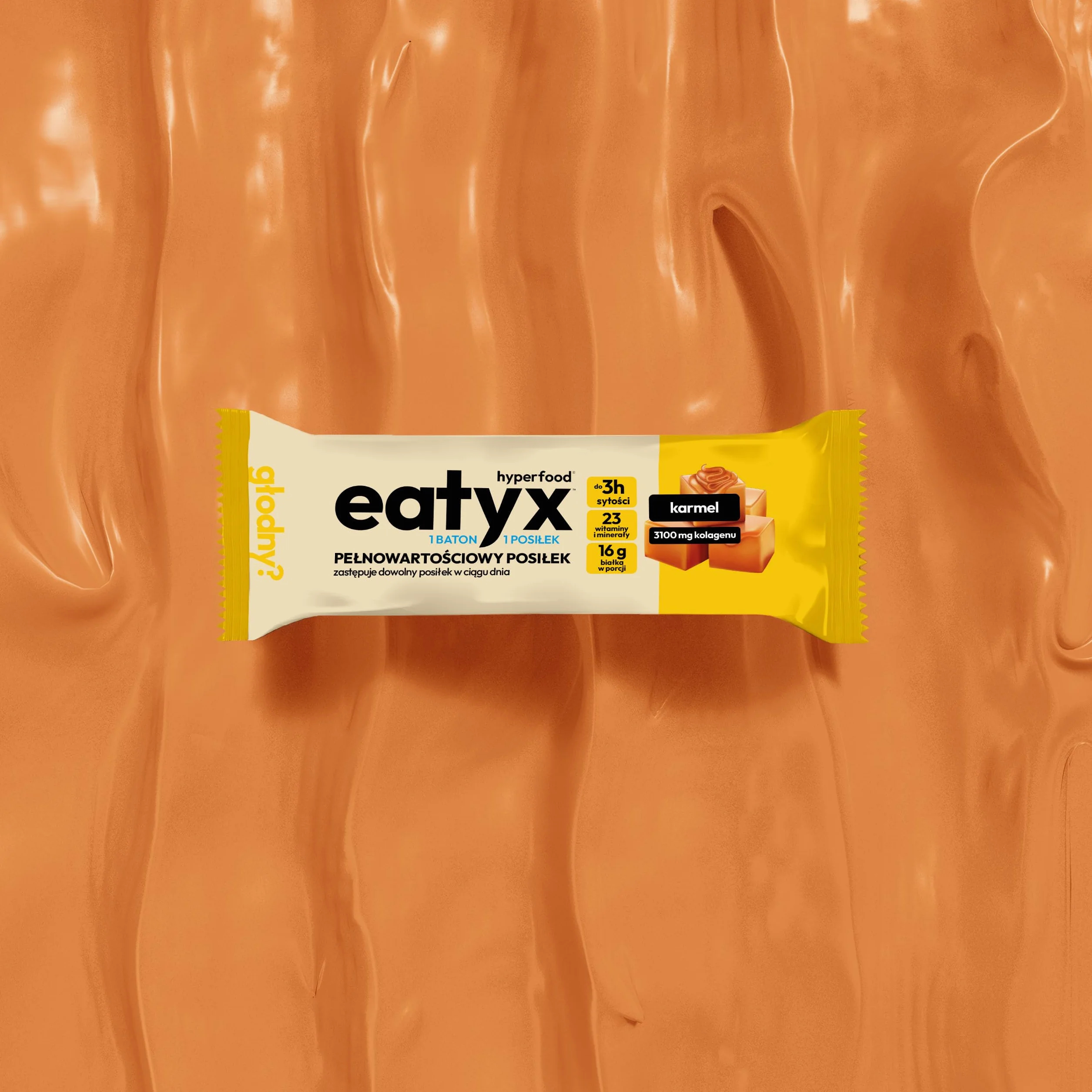 eatyx Baton Karmelowy I Pełnowartościowy Posiłek w Formie Batona I 60g I Źródło 3100 mg kolagenu I Bez cukru i konserwantów I Bez glutenu