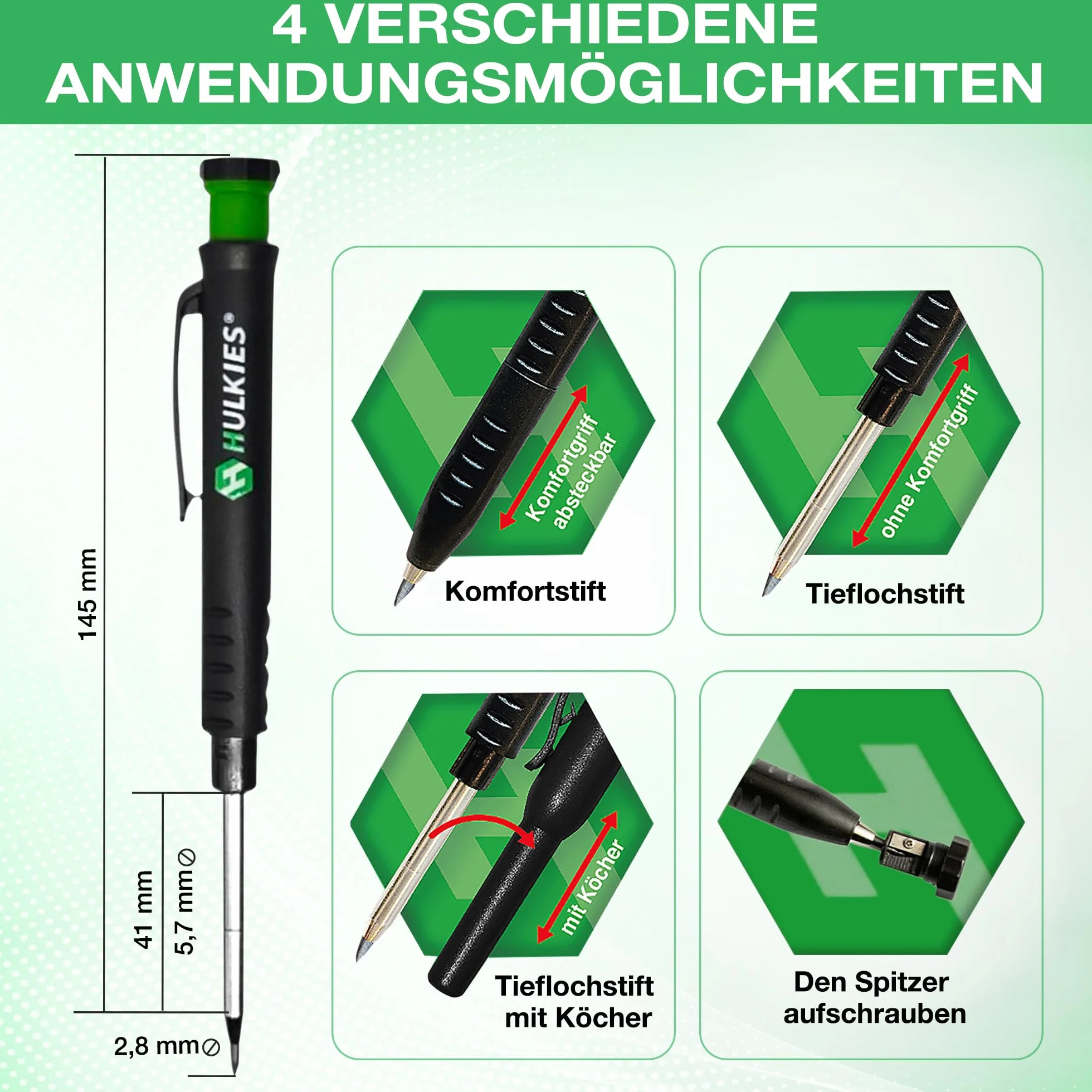 3 w 1 marker do głębokich otworów – 10-częściowy profesjonalny zestaw: ołówek ciesielski, ołówek do głębokich otworów i kołczan – marker dla rzemieślników, w zestawie 6 wkładów zapasowych i