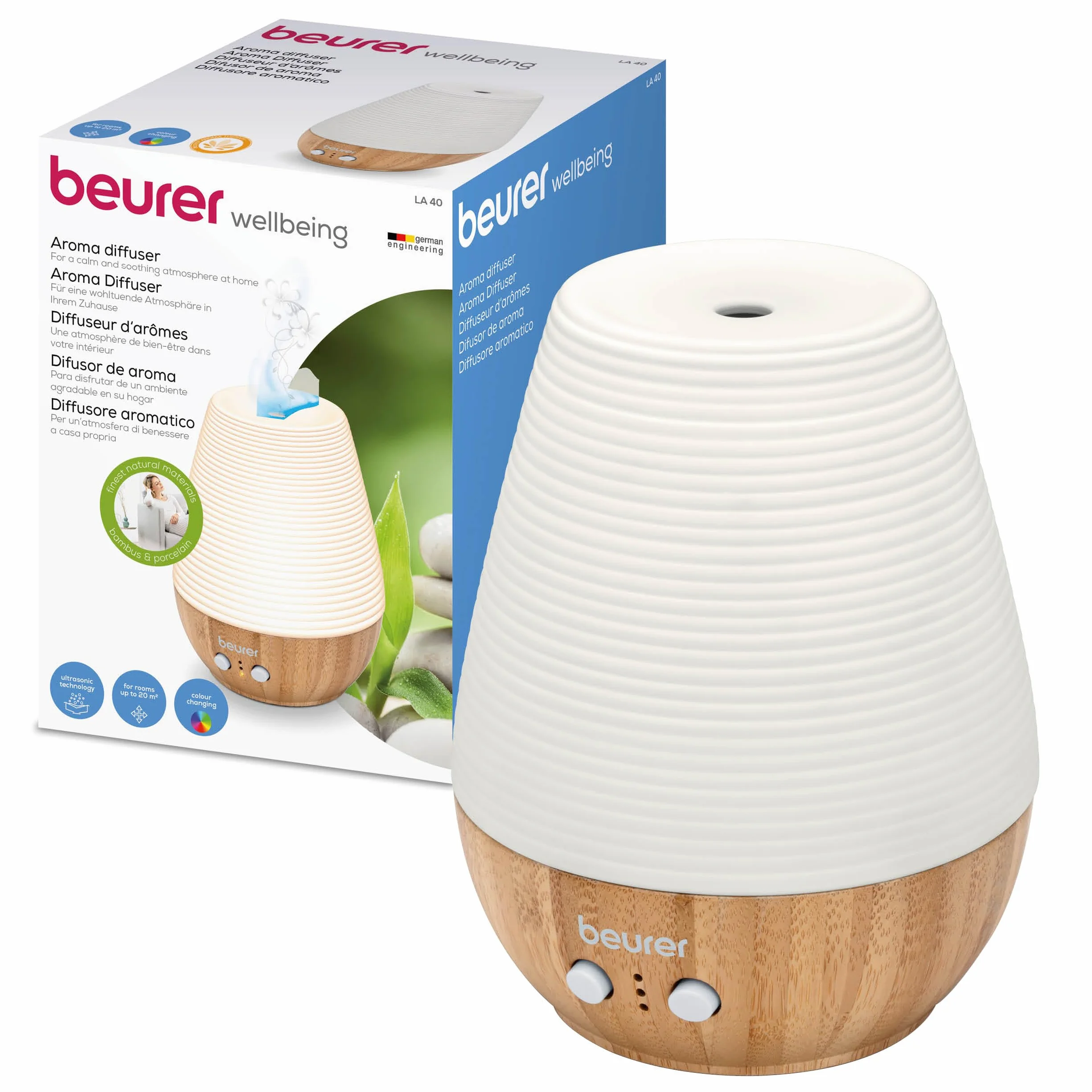 Beurer LA 40 Aroma Diffuser, nebulizator ultradźwiękowy ze światłem wellness, drewno