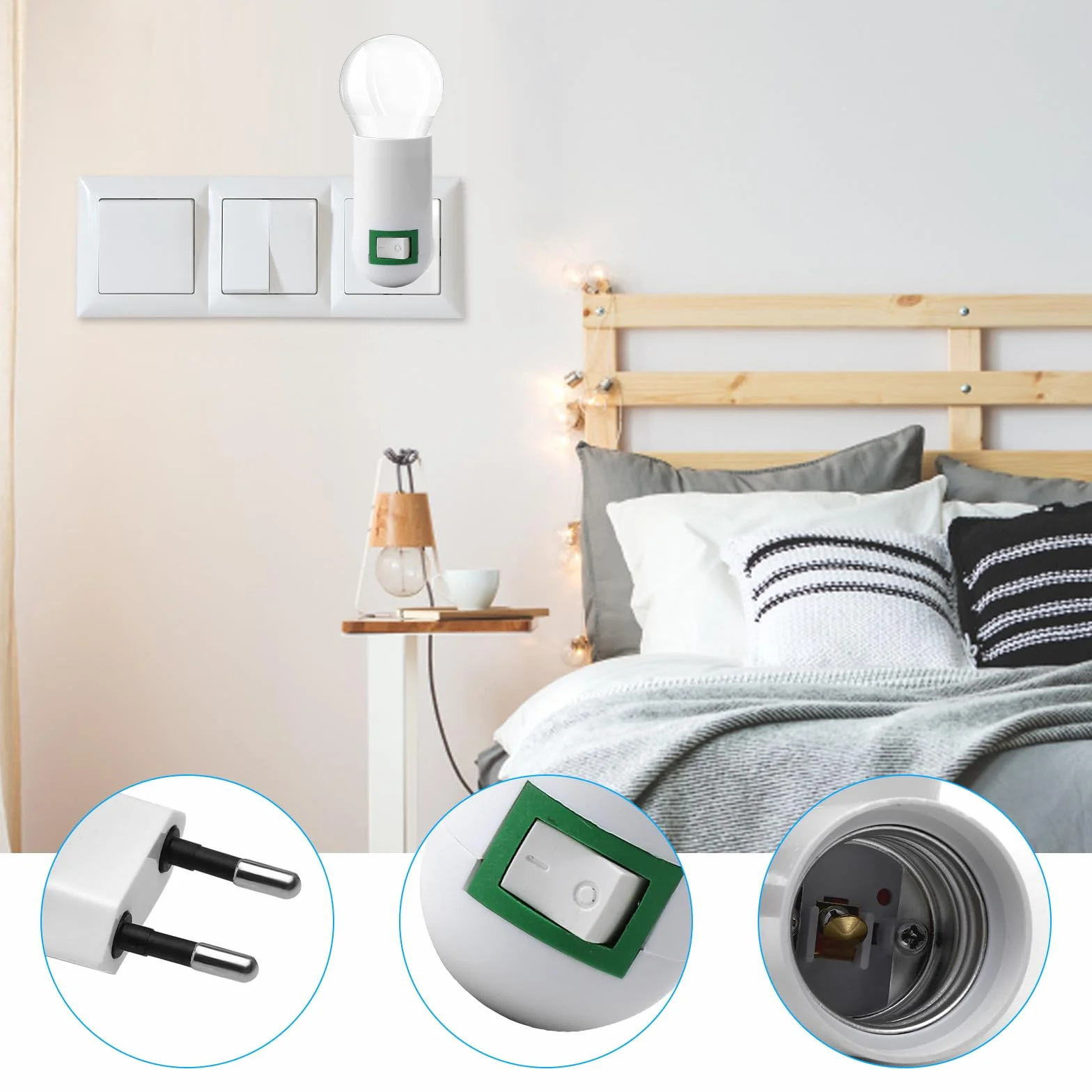 HENGBIRD 2 sztuki oprawek E27 do lampy 360° regulowana oprawa lampy z przełącznikiem, wtyczka EU, gniazdo wtykowe do żarówki, lampy ściennej, adapter cokołowy, lampa kuchenna, konwerter