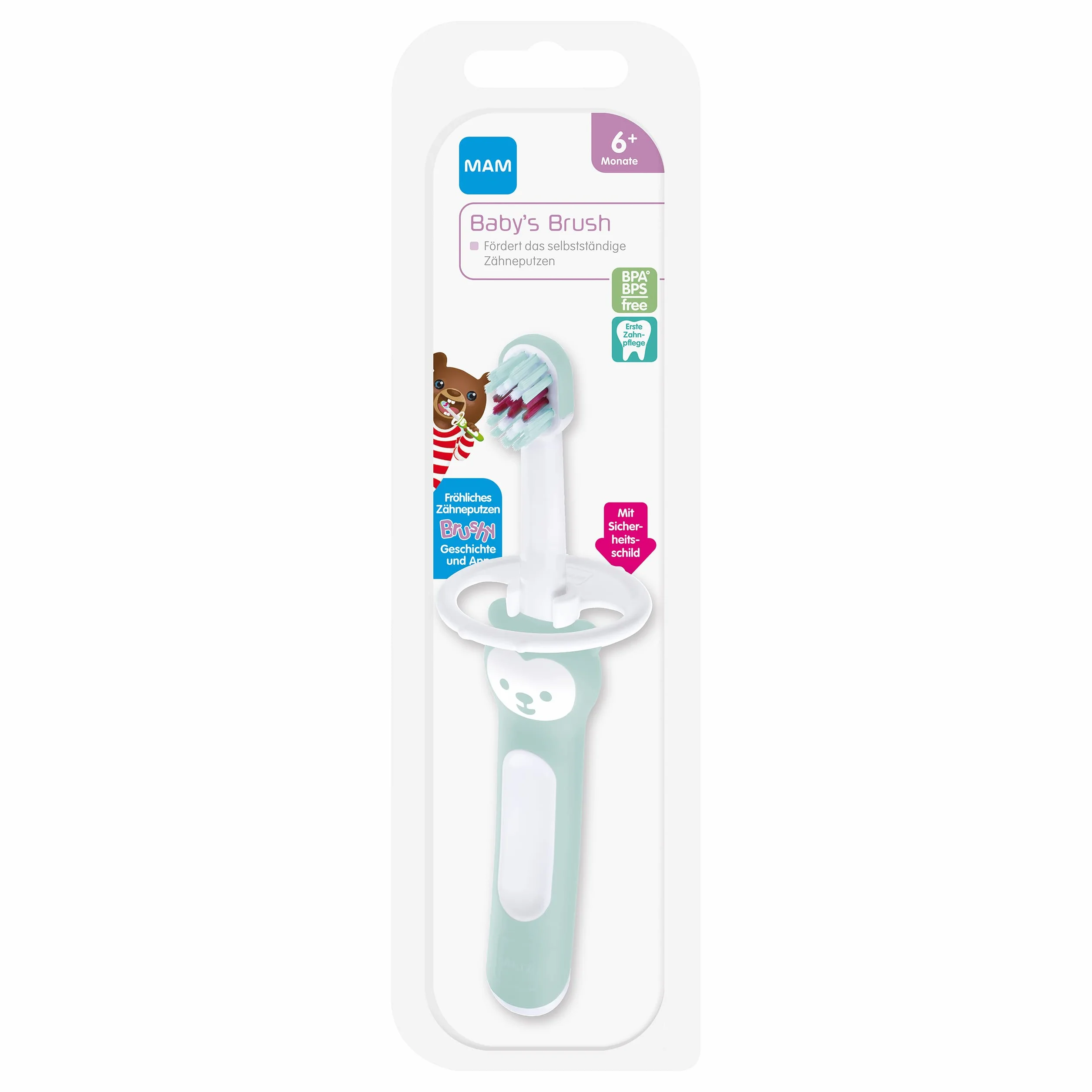 MAM Baby's Brush szczoteczka do zębów dla niemowląt z krótkim uchwytem do łatwego trzymania, szczoteczka do zębów dla dzieci do delikatnego czyszczenia zębów, od 6+ miesięcy, turkusowa, 1 sztuka (1