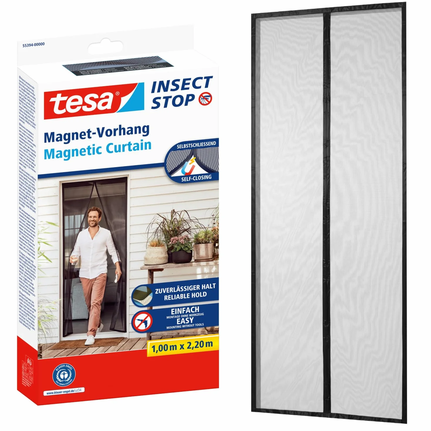 tesa INSECT STOP Magnetic Curtain - samoczynnie zamykająca się zasłona z magnesami na drzwi balkonowe, łatwy montaż bez wiercenia - 220 x 100 cm