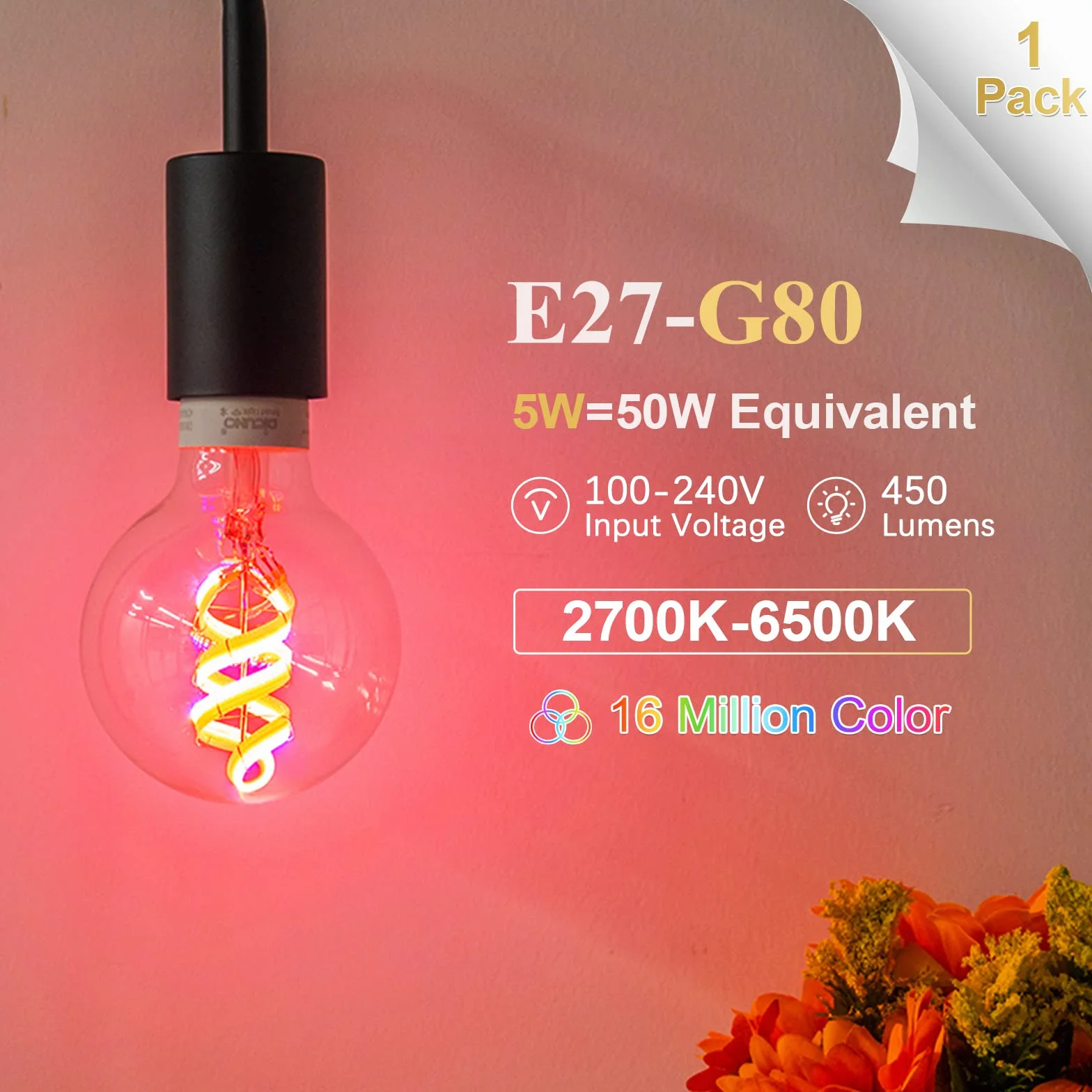 DiCUNO Żarówka Smart Vintage E27, 5 W, filament G80 Edison, inteligentna żarówka LED, 450 lm, RGBCCT ściemniana 2700-6500 K, sterowanie za pomocą aplikacji, kompatybilna z Alexa, Echo Dot, Google