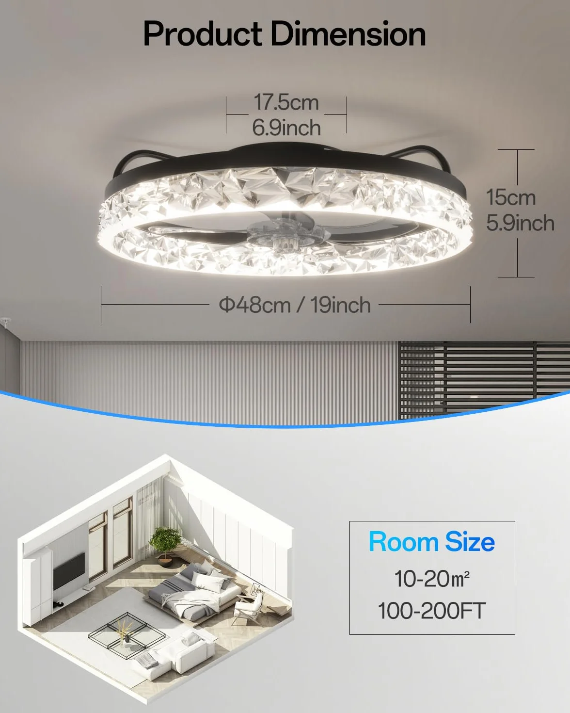 Inteligentna lampa sufitowa z wentylatorem WiFi, kompatybilna z Alexą i Google, possibility of dimming, 5 odwracalnych łopatek, czarna