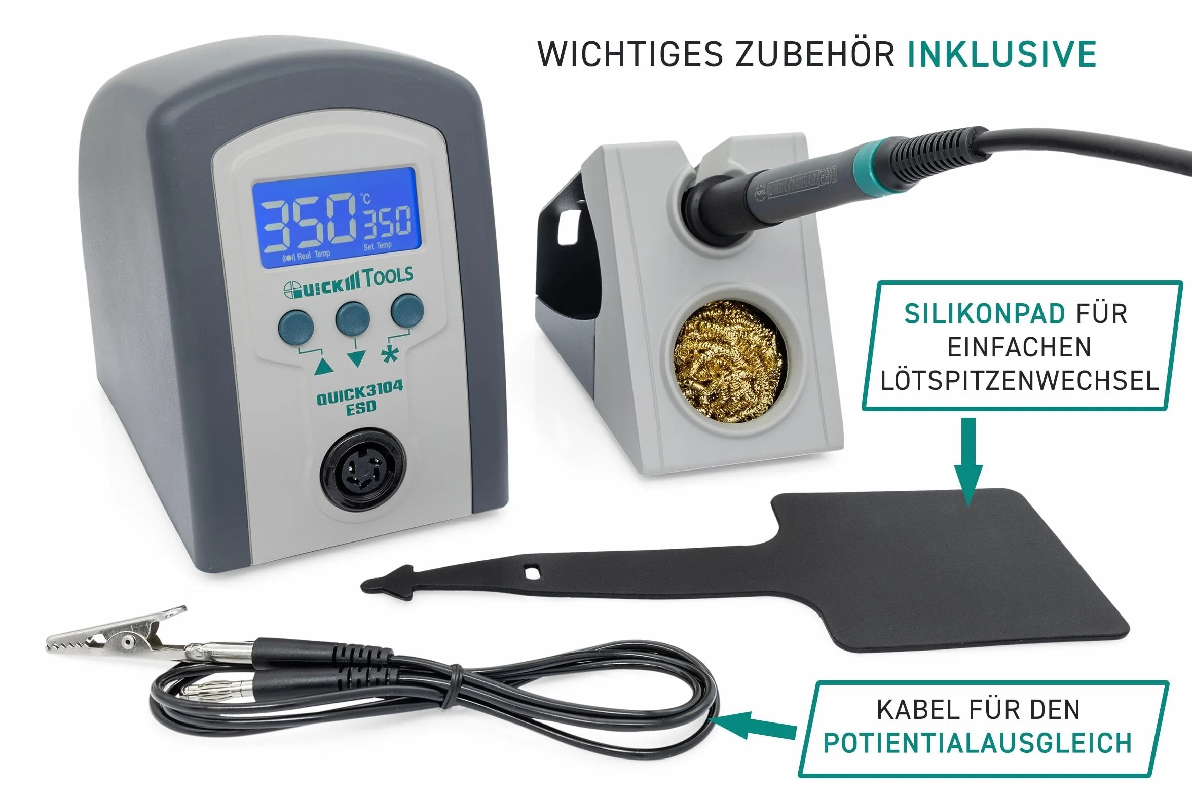 QUICK 3104 cyfrowa stacja lutownicza ESD 80 W z lutownicą z końcówką lutowniczą 2 mm i akcesoriami – kalibracja 100° – 450°C – ochrona ESD