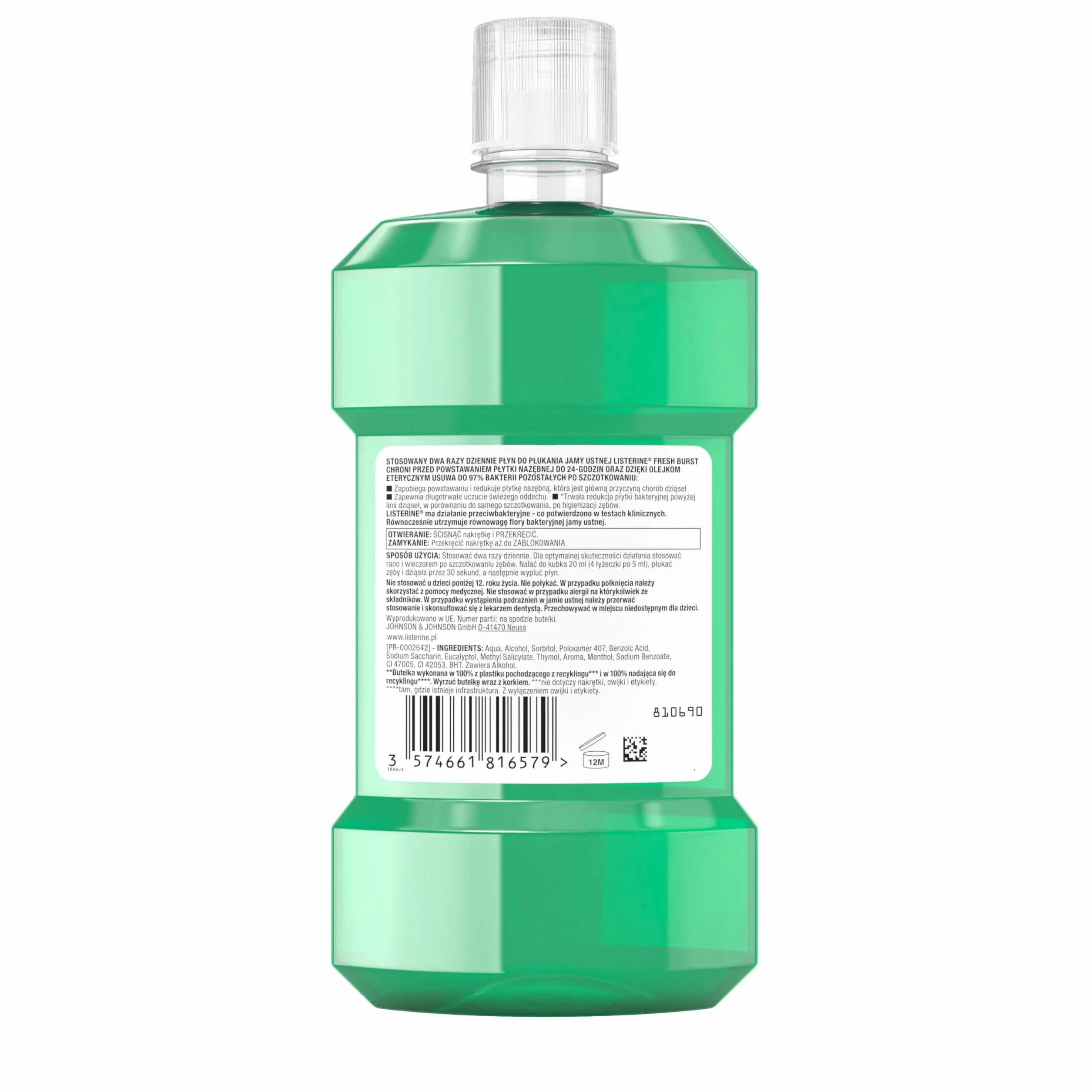 LISTERINE Fresh Burst 500ml, Płyn do płukania jamy ustnej z olejkami eterycznymi, usuwa bakterie, redukuje płytkę nazębną, długotrwale odświeża oddech