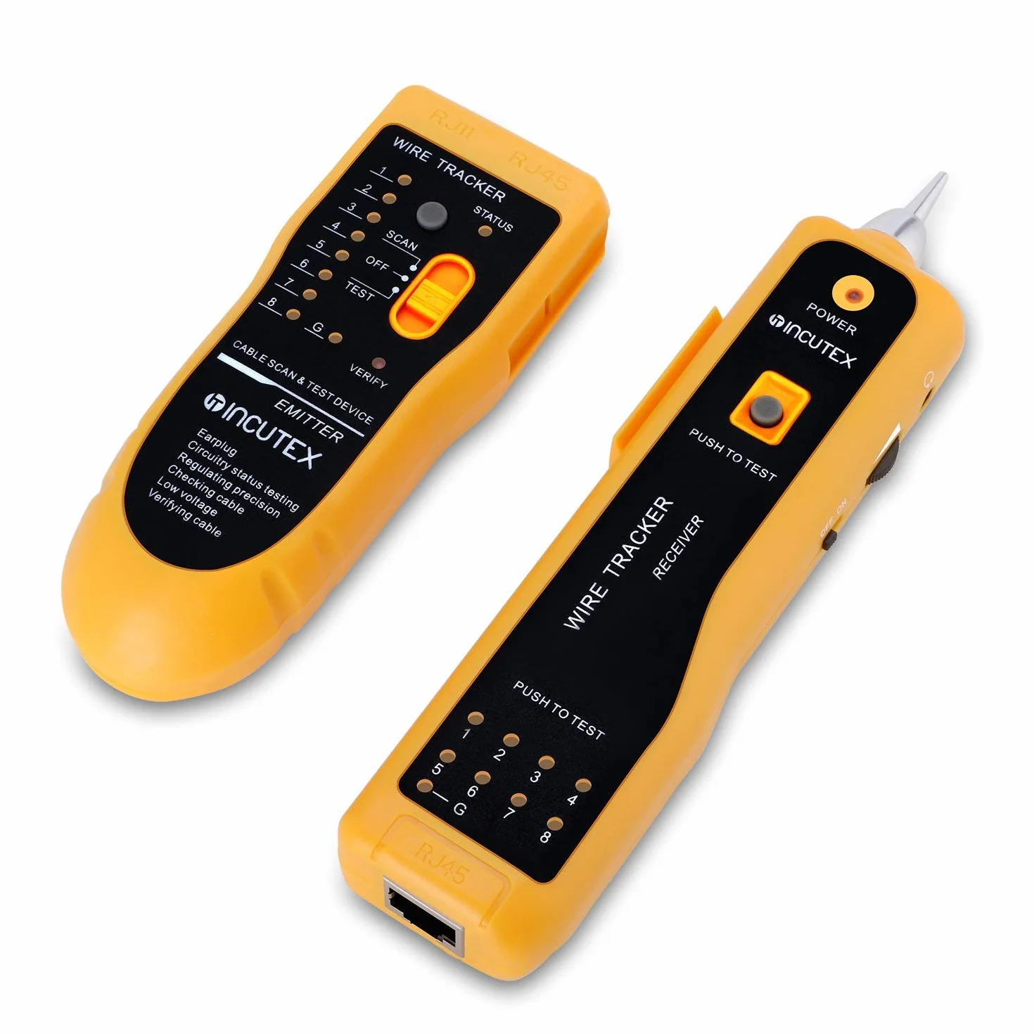 Incutex Tester ciągłości obwodów elektrycznych, LAN RJ45/RJ11, kable telefoniczne Cat5 Cat6 Ethernet, lokalizator kable sieciowe lub zasilające z diodą LED i słuchawkami, baterie w zestawie