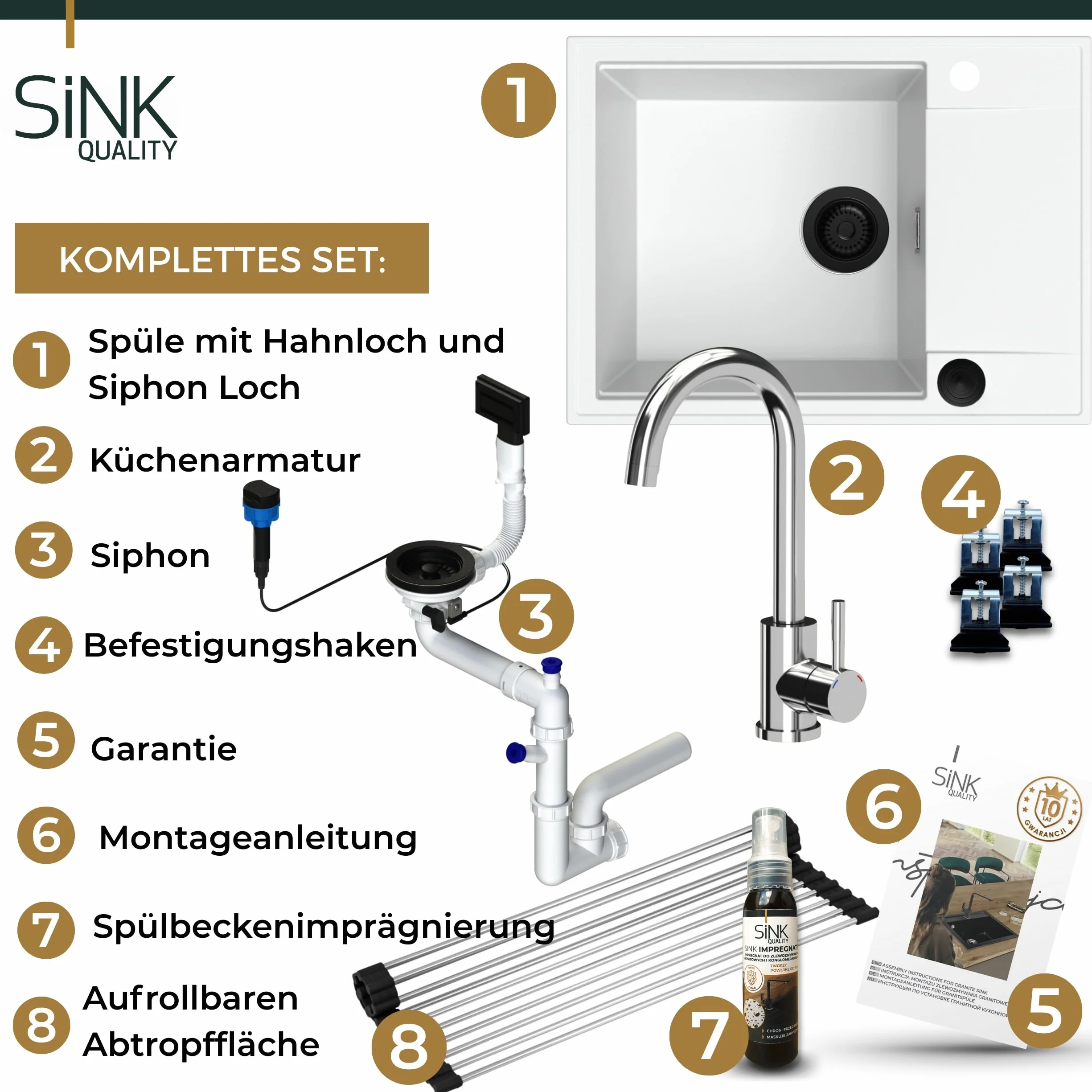 SINK QUALITY zlewozmywak biały z zestawem armatury 62x46 cm – zlewozmywak z kranem, syfon PUSH czarny, ociekacz, środek impregnujący – kompletny zestaw zlewozmywaka kuchennego do szafki dolnej 55 cm