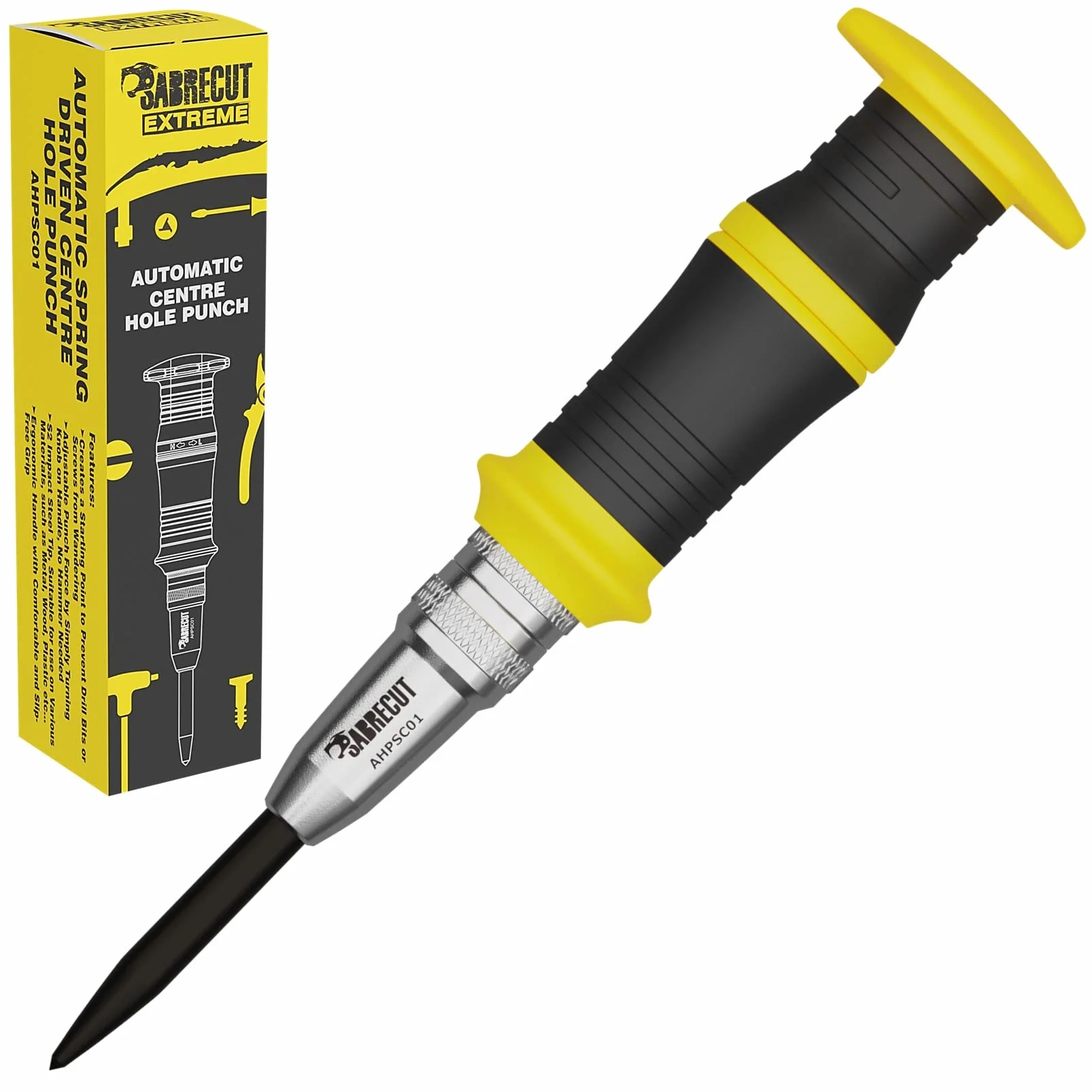 1 sztuka SabreCut AHPSC01 Heavy Duty automatyczny dziurkacz centralny z regulowaną siłą uderzenia 60-140 niutonów nadaje się do metalu, drewna, tworzywa sztucznego i wielu innych materiałów