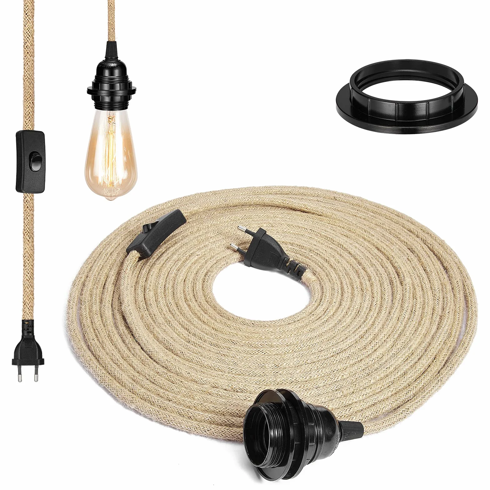 GreenSun Oprawa i lampa E27 z kablem, przełącznik, kabel tekstylny 10 m, 2-żyłowy, przewód elektryczny z zawieszeniem E27/E26