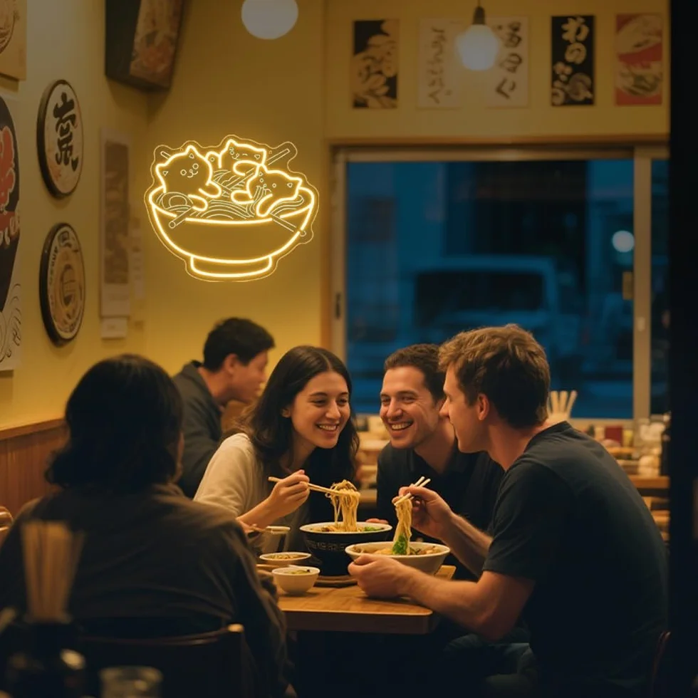 Światła LED z motywem kota, ramen, kawaii, anime, podświetlany znak do restauracji, domu, baru, kuchni, sypialni, japońskiego sklepu, makaronu, ściemniany, neonowy, prezent dla miłośników kotów