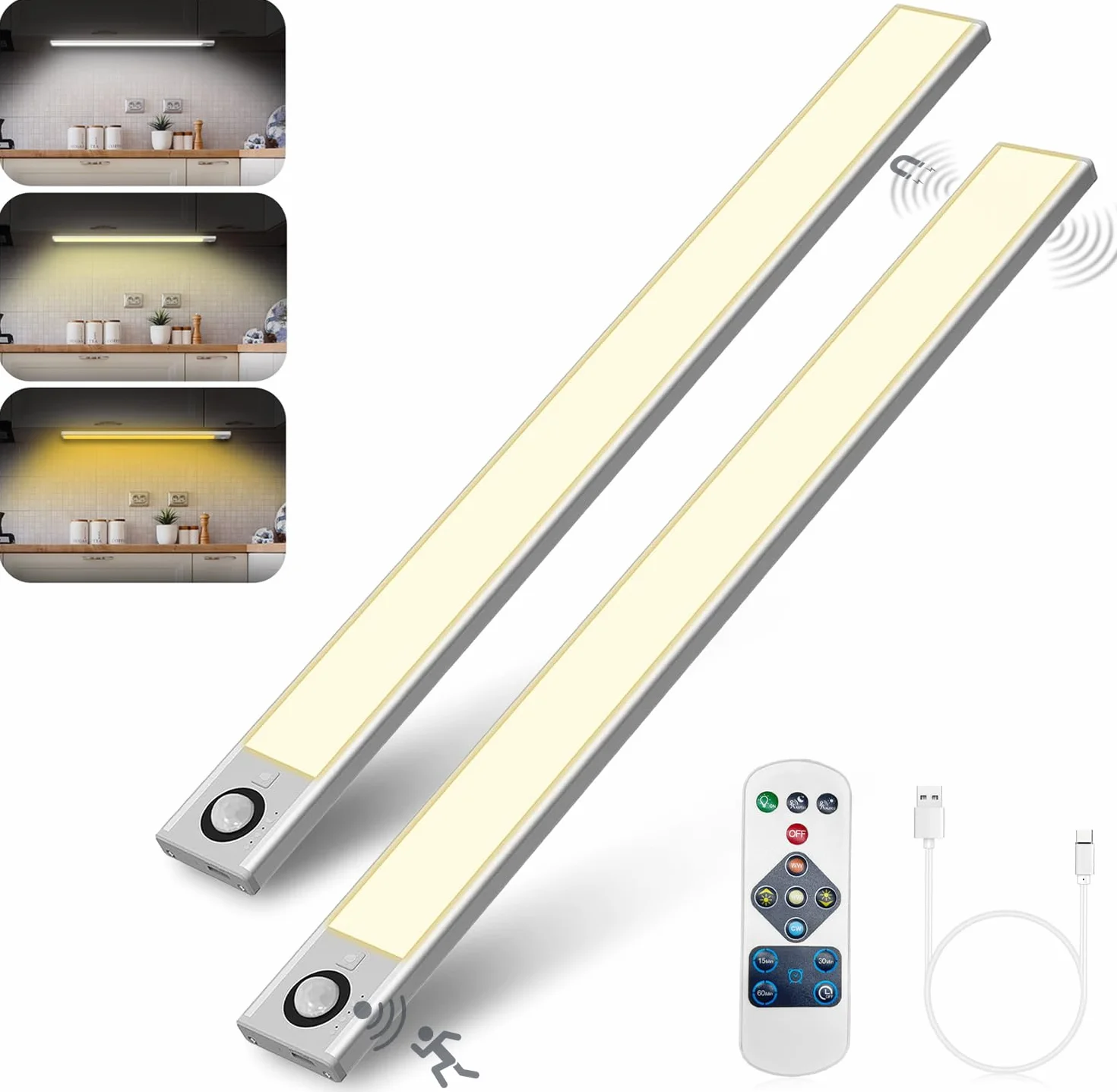 FLOWood 40CM Oświetlenie podszafkowe do kuchni 140LED z czujnikiem ruchu, oświetlenie szafek 300LM z pilotem zdalnego sterowania, ściemnianie 3 tryby kolorów, akumulator USB 3600 mAh(2 szt.)