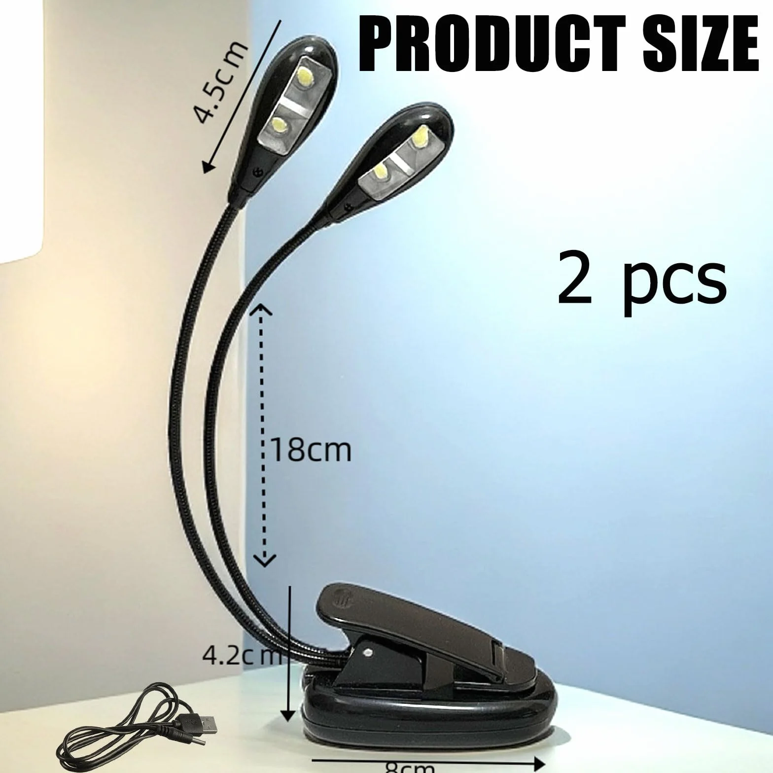 Cerioll Muzyczna lampka do stoiska, muzyczna lampka do czytania, podwójna głowica do czytania, 4 lampki LED z kablem USB, na fortepian, biurko, stojak na stół, czarny, 2 szt