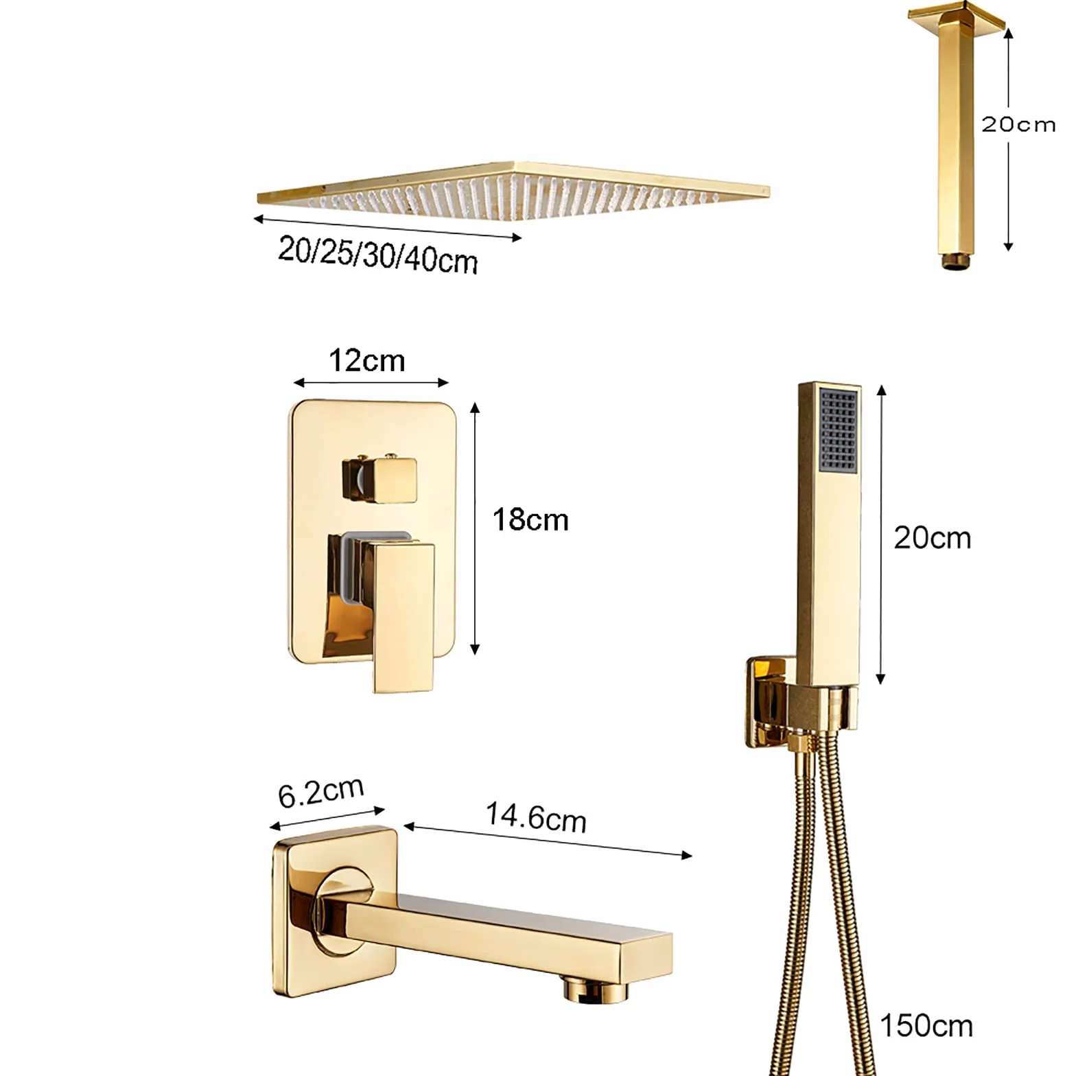 Zestaw prysznicowy z systemem LED, wylewka do wanny, kwadratowa głowica prysznicowa z efektem deszczu, słuchawka prysznicowa, instalacja sufitowa, armatura łazienkowa, 40 cm (16 cali