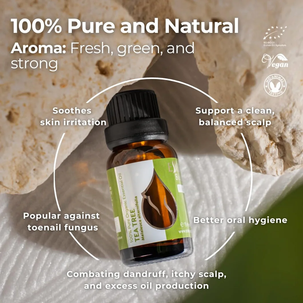 Essences Bułgaria Organiczny Olejek Eteryczny z Drzewa Herbacianego 15ml | Melaleuca alternifolia | 100% Czysty i Naturalny | Nierozcieńczony | Klasa Terapeutyczna | Aromaterapia | Kosmetyki | Bez GMO