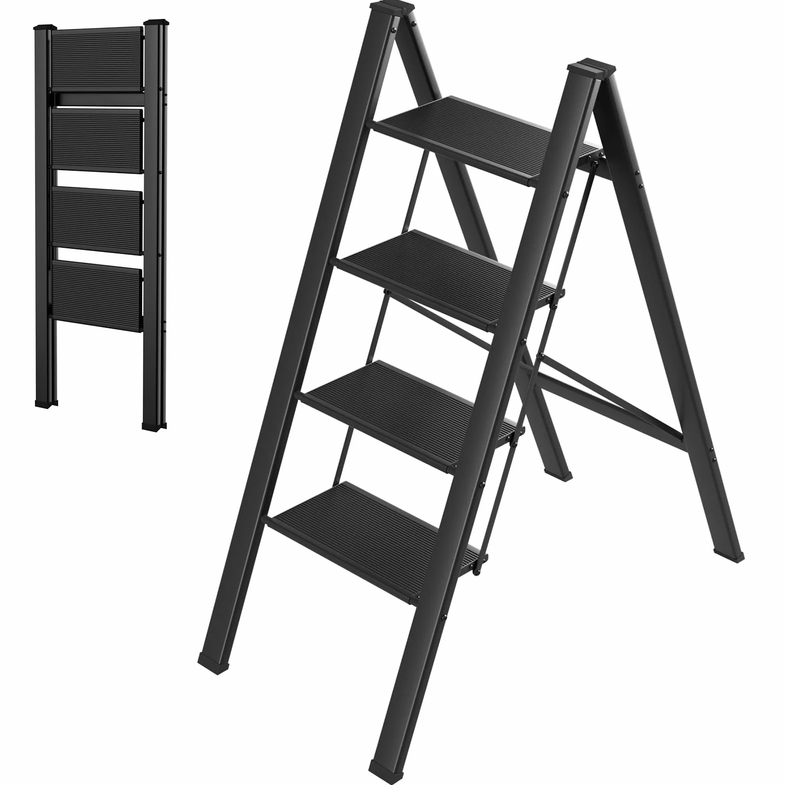 LIFERUN Aluminiowa drabina z 4 stopniami, składana, antypoślizgowa, drabina stojąca, wielofunkcyjna, łatwa do przechowywania, obciążenie do 150 kg, do kuchni, domu, na zewnątrz, do biura, czarna