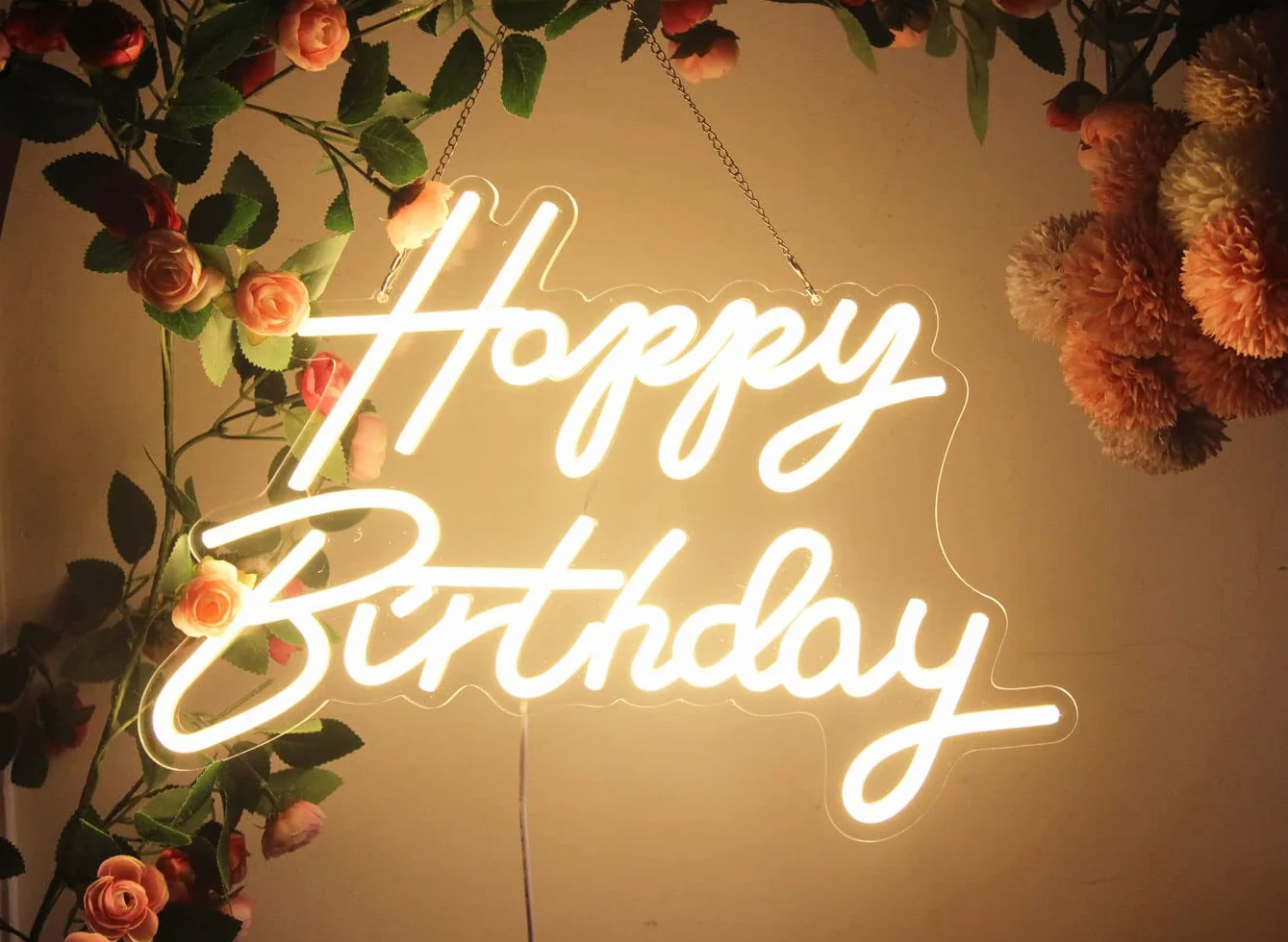 Neonowy znak LED „Happy Birthday”, nocny, dekoracja na przyjęcie urodzinowe, ciepły biały, zasilany przez USB, tło na przyjęcie, do sypialni, ścienny, 5 V