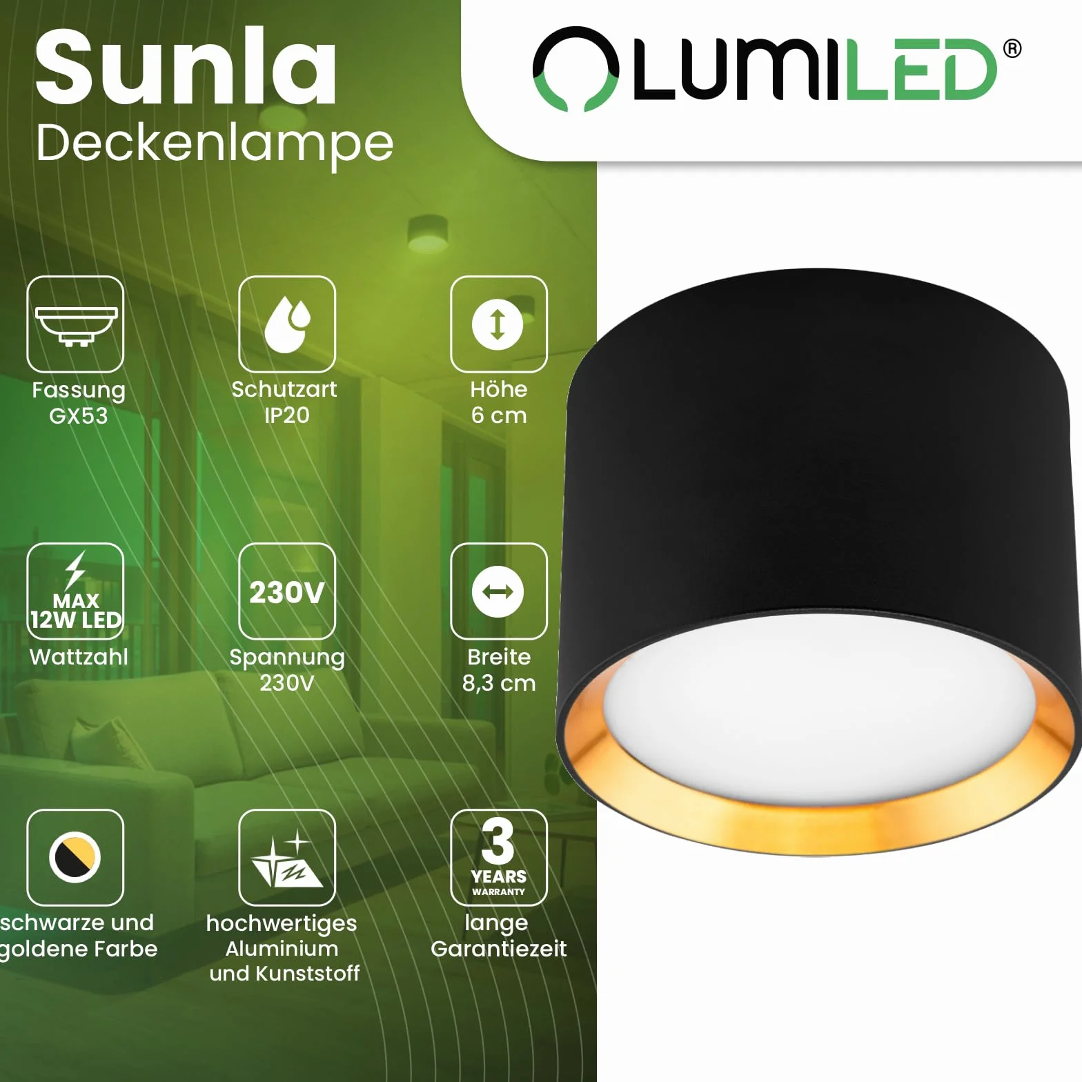Lumiled Reflektor do montażu, lampa natynkowa Tuba, zewnętrzny spot, reflektor do montażu, lampa natynkowa, 230V, lampa sufitowa z gniazdem Gx53, zewnętrzna lampa montażowa z aluminium, downlight