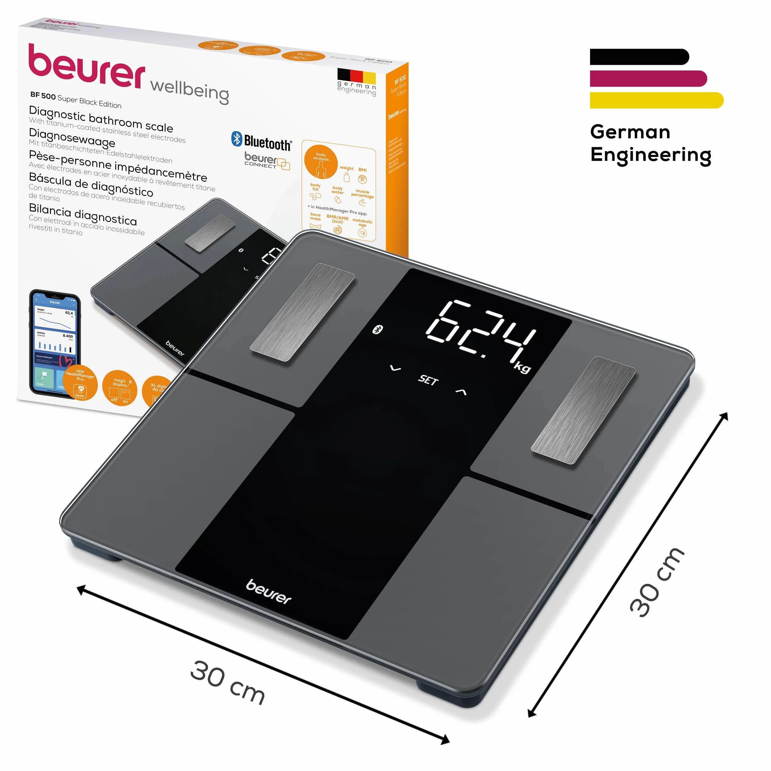Beurer BF 500 cyfrowa waga łazienkowa Bluetooth pomiar tkanki tłuszczowej mięśni kalorii Apple Health