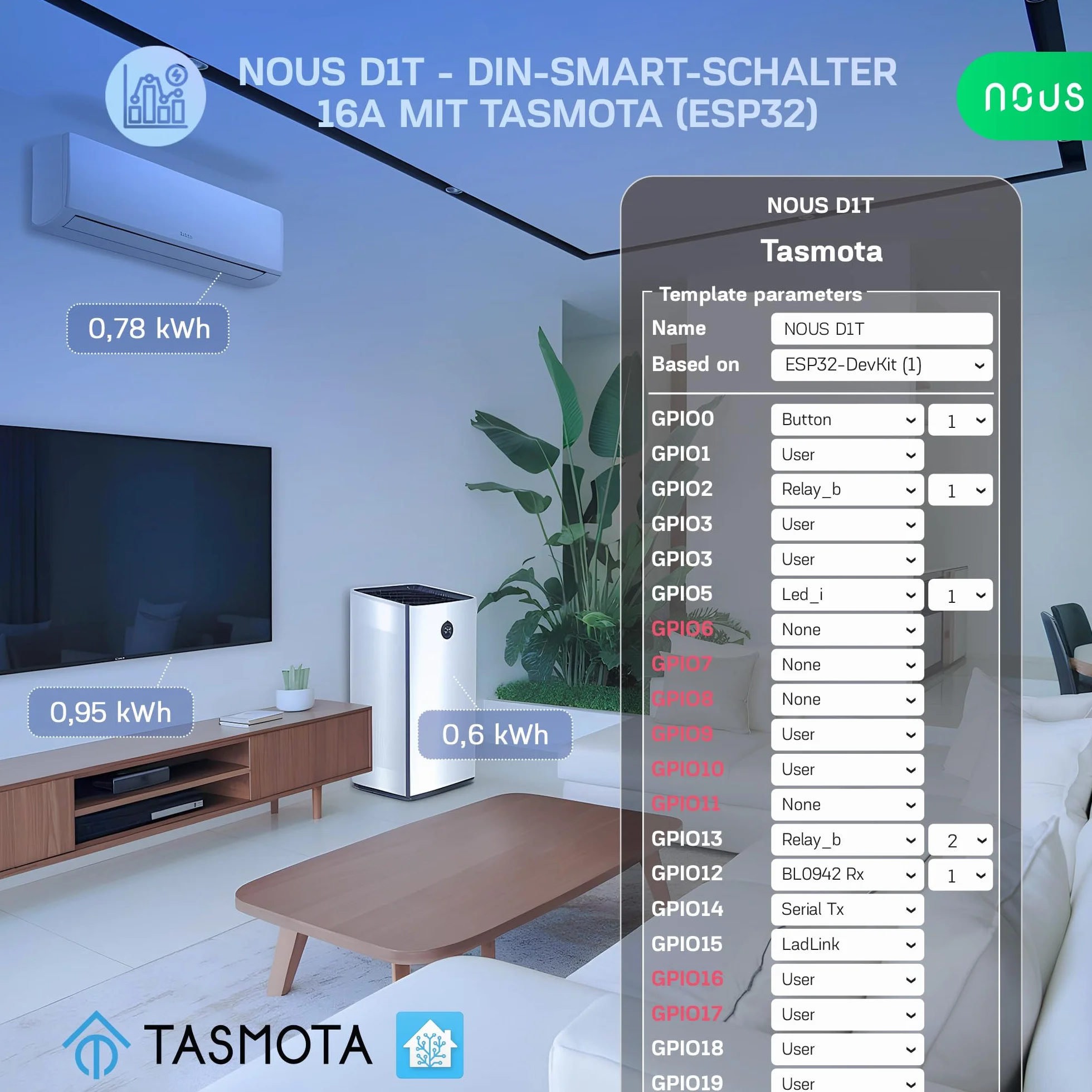 Nous Inteligentny przełącznik DIN 16 A z Tasmota (ESP32), monitorowanie energii, kompatybilny z MQTT, Home Assistant, Matter, sterowanie głosem za pomocą Alexa, Google Assistant