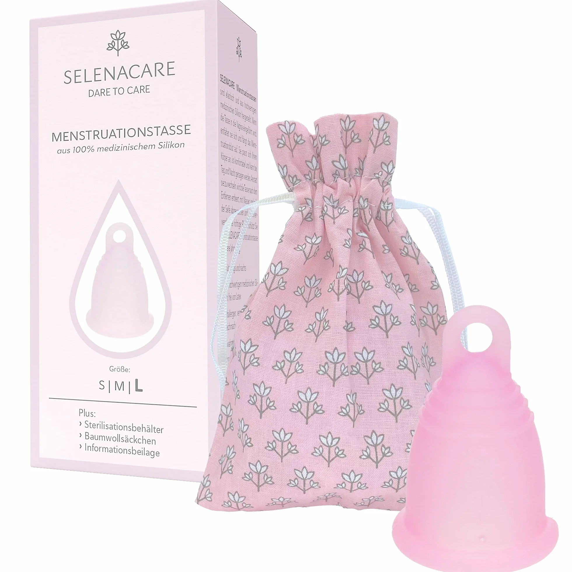 Selenacare Filiżanka menstruacyjna Premium – z pojemnikiem do czyszczenia i woreczkiem do przechowywania z bawełny, różowa, rozmiar L