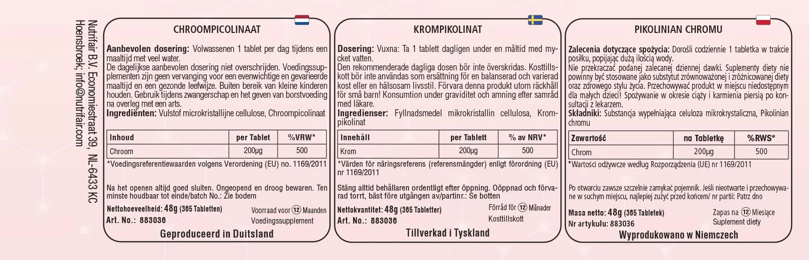 Pikolinian chromu 200μg – 365 tabletek – *normalny poziom cukru we krwi – wysoka dawka – 100% wegański – produkcja i badania laboratoryjne w Niemczech – NutriFair | Premium & Fair