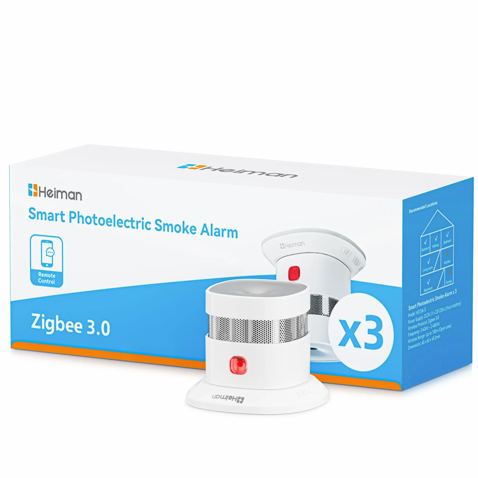 Heiman Detektor Dymu Zigbee 3.0 HS1SA-E-PLUS, Inteligentny Detektor Dymu, Wymienne Baterie 5 Lat, Czujnik Fotoelektryczny, Obsługa ZHA & Z2M (Wymaga Hub Zigbee), Zestaw 3