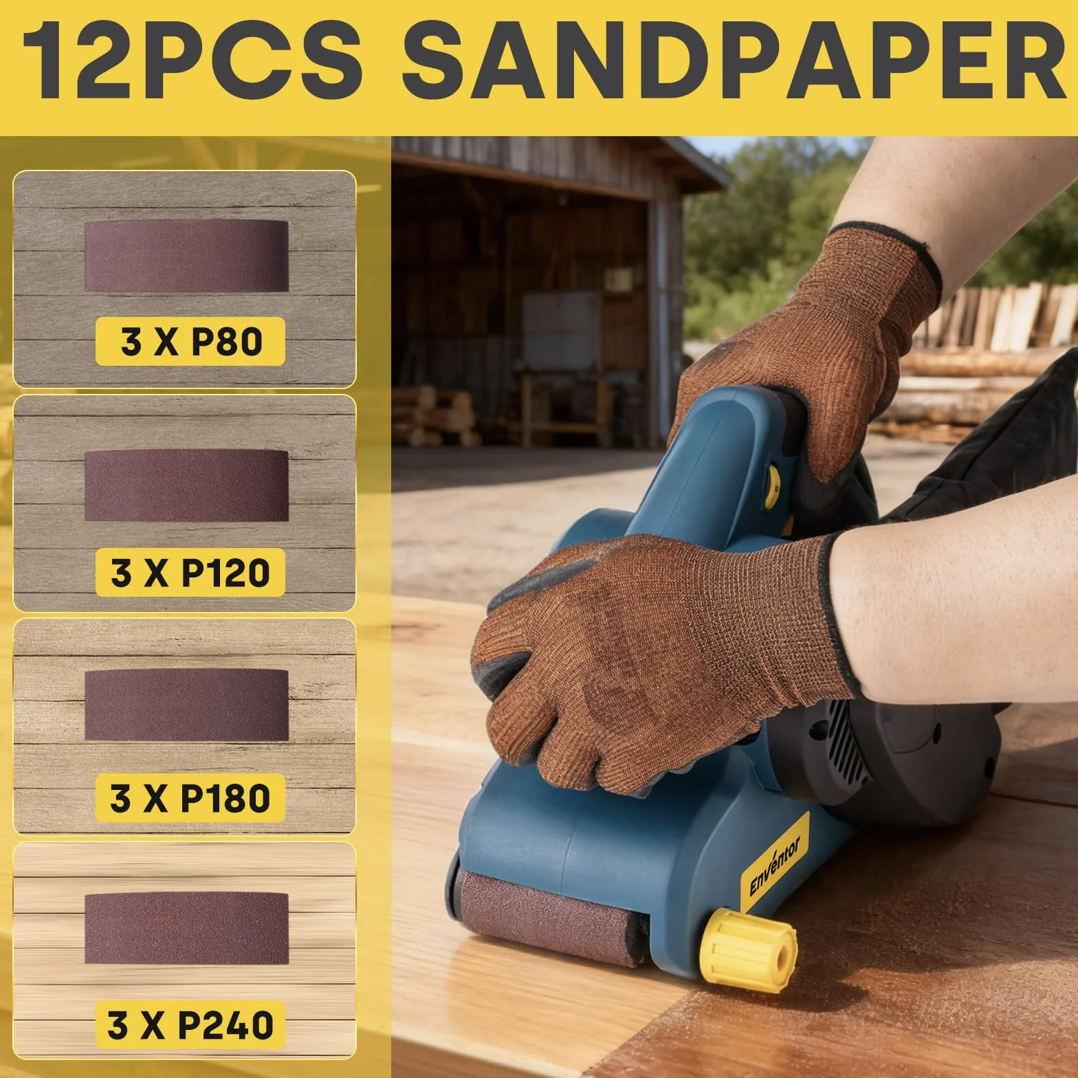 Enventor 950W with Belt Sander, 6 Speed Grades (120-380 Meters per Minute), 2-in-1 Grinding Machine with Dust Bag ＆ 12 Belt Sanders (P24, P80, P120, P180), 76 x 533 mm