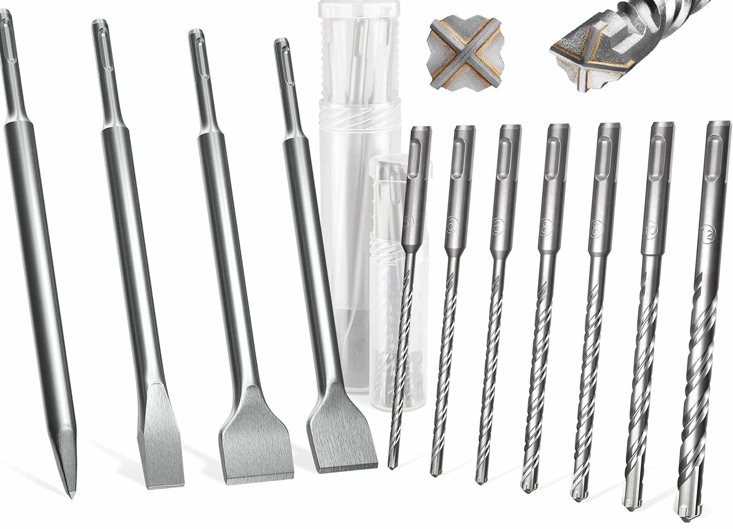 KSP-Tec® SDS Plus zestaw wierteł + dłut, w zestawie dłuto do płytek, wiertło udarowe do betonu z 4 ostrzami, wiertło do betonu, zapakowane w praktyczne pudełko obrotowe (11 sztuk)