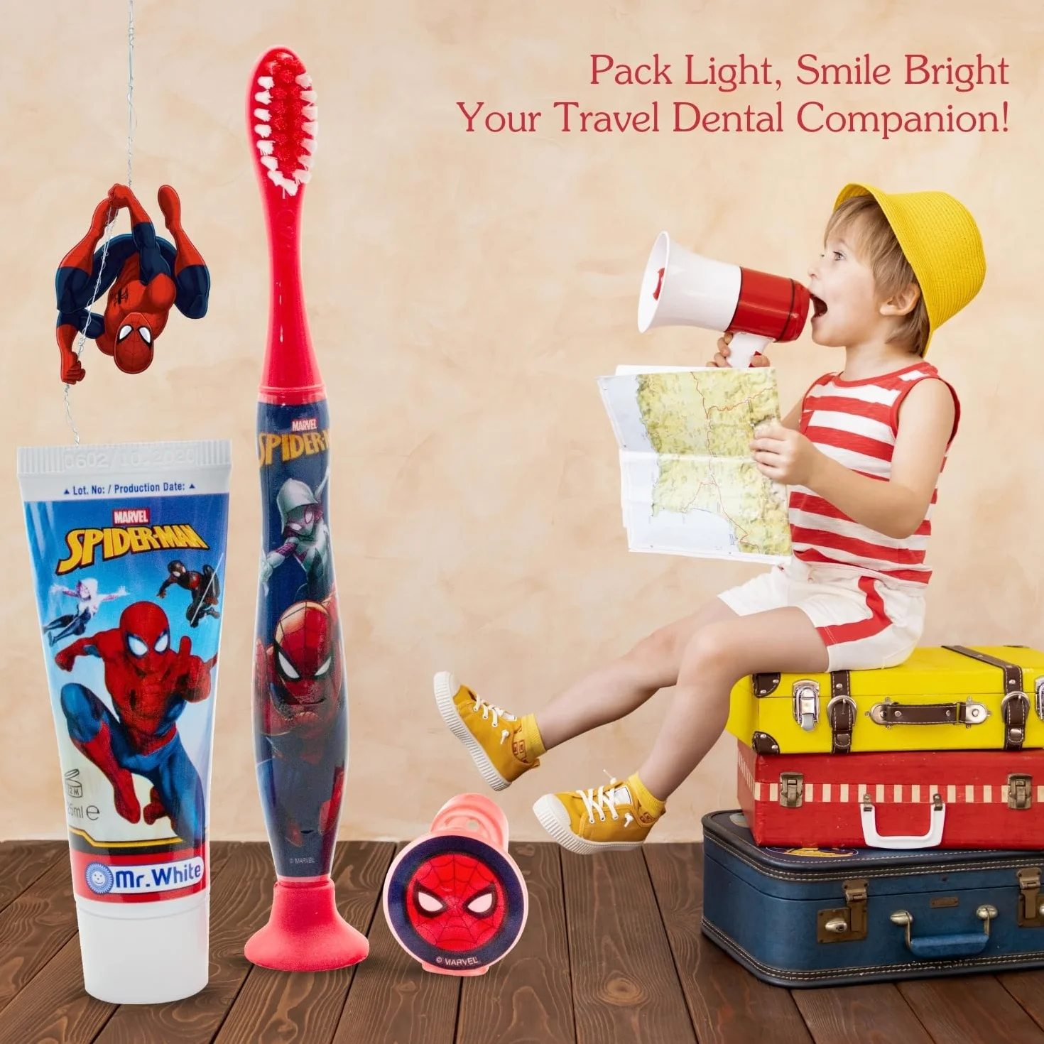 Mr.White Spider-Man zestaw podróżny dla dzieci – zestaw 3 przyborów toaletowych w rozmiarze podróżnym, zawiera szczoteczkę do zębów dla dzieci, pastę do zębów dla dzieci 25 ml i czapkę podróżną – podróżny zestaw dentystyczny dla dzieci