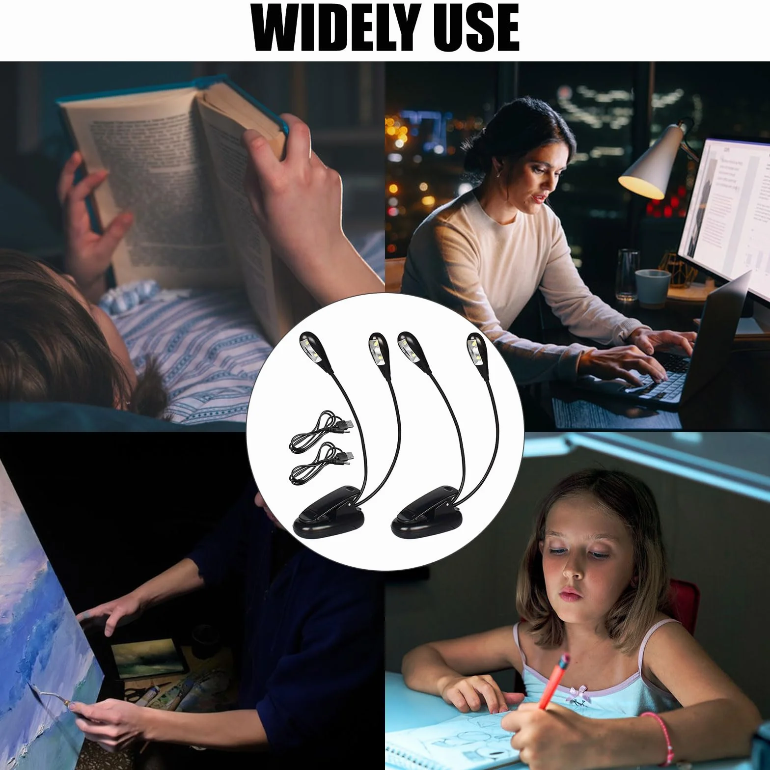 Cerioll Muzyczna lampka do stoiska, muzyczna lampka do czytania, podwójna głowica do czytania, 4 lampki LED z kablem USB, na fortepian, biurko, stojak na stół, czarny, 2 szt