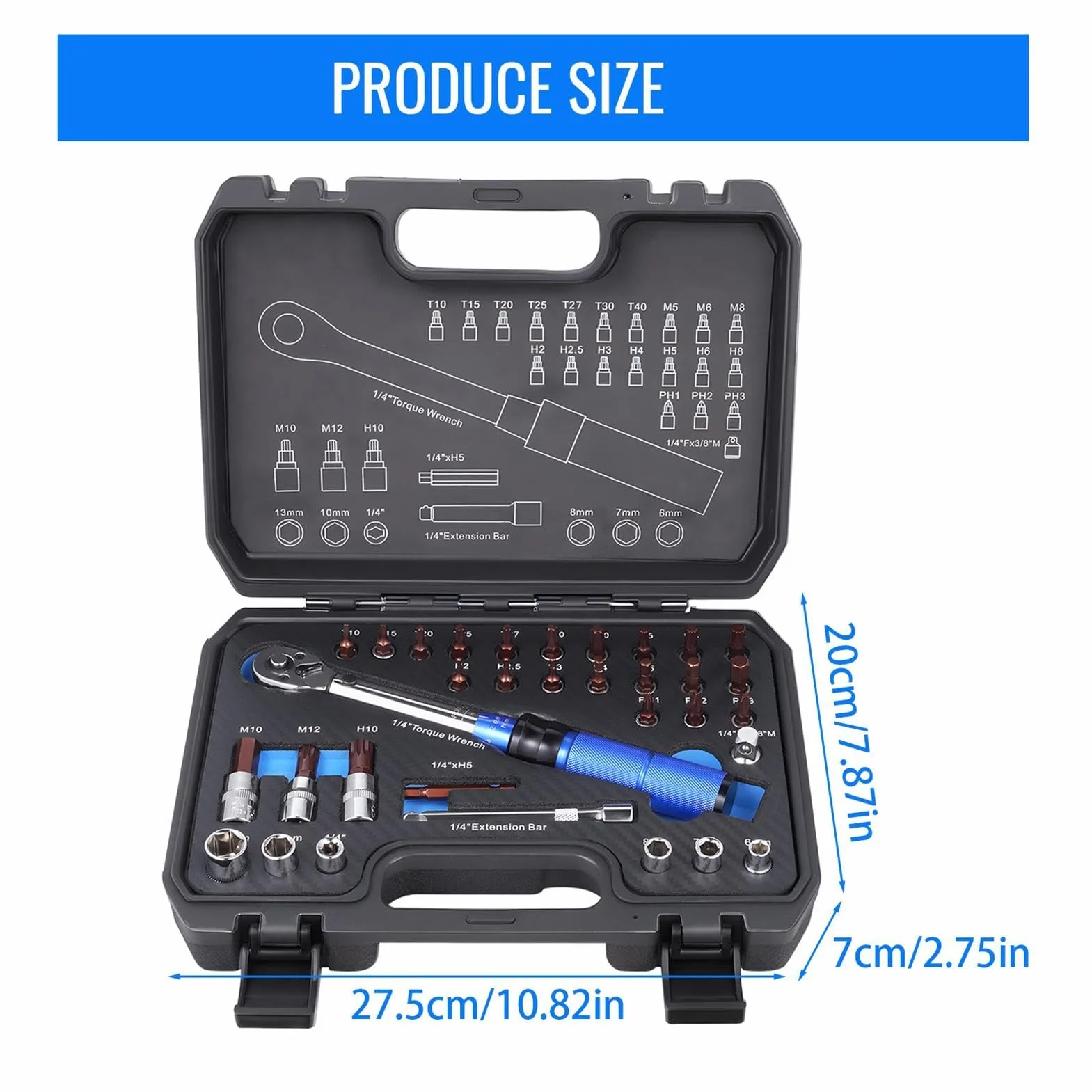 Zestaw kluczy dynamometrycznych do roweru 1/4" Regulowany | Klucz Dynamometryczny Rower z Końcówkami Bit Do Dokręcania Kierownicy Wspornika Sztycy Siodła Kontrola Bezpieczeństwa